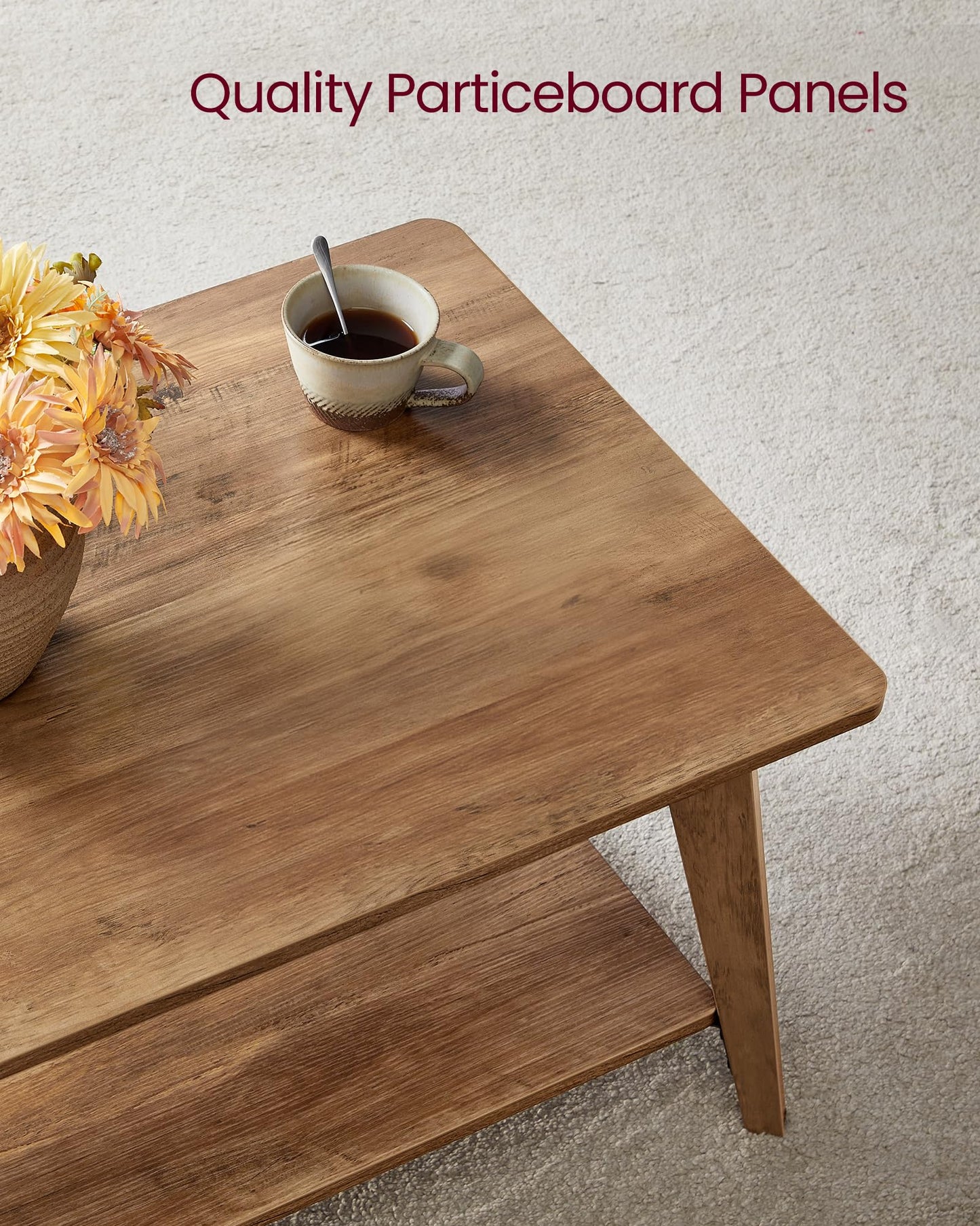 VASAGLE MAEZO Collection 2-Tier Coffee Table with Storage, Tapered Legs & Curved Transitions – 21.7" x 39.4" x 17.7" Modern Center Table for Living Room, Easy Assembly, Honey Brown (ULCT249K01)