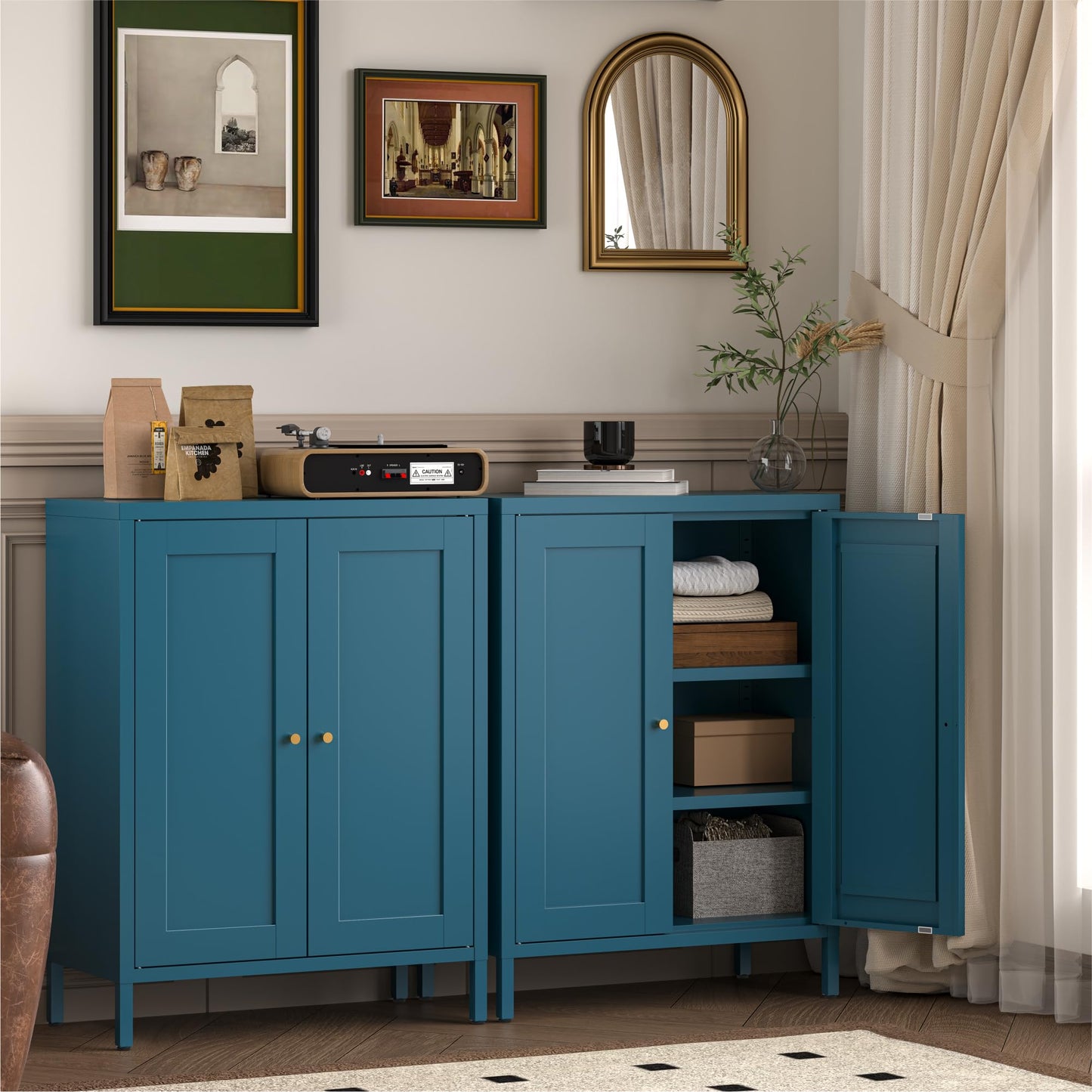 Metal Bathroom Storage Cabinet with 2 Doors and 2 Adjustable Shelves, Freestanding Sideboard for Small Spaces, Living Room, Home Office, or Dining Room