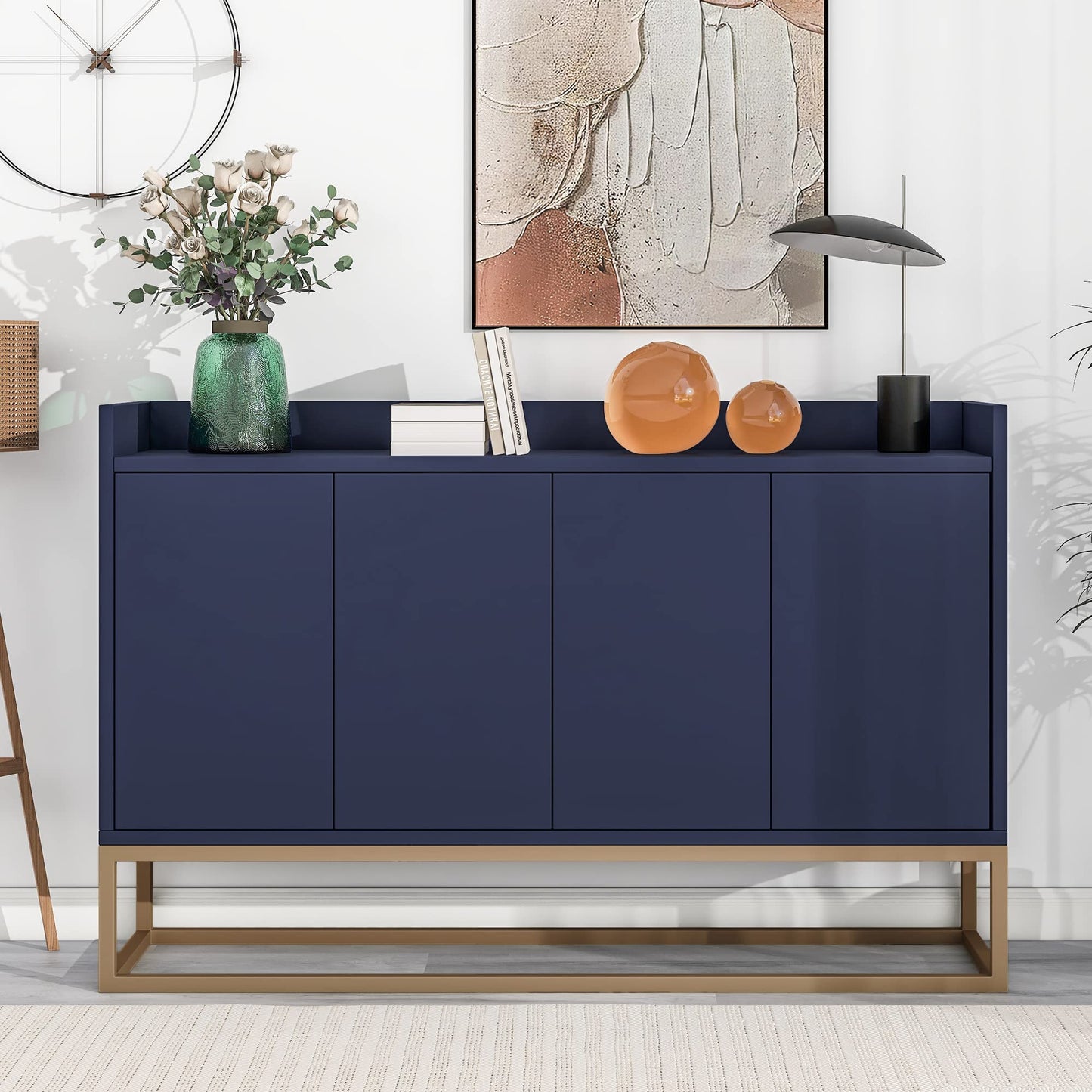Modern Wood Sideboard Buffet Cabinet with Doors, Adjustable Shelves, and Metal Base, Kitchen Storage for Small Spaces, Navy Blue