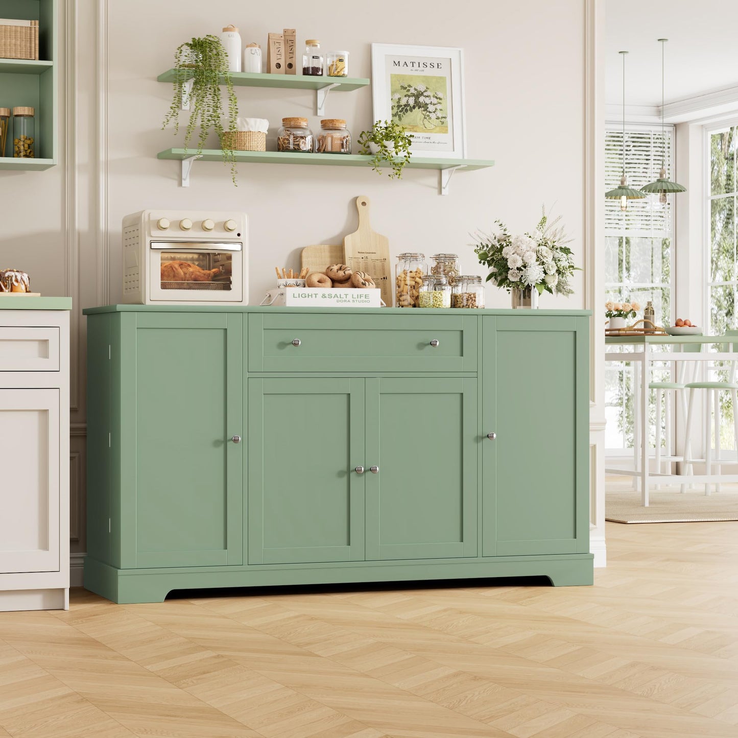 **HITHOS 54" Modern Buffet Cabinet with Storage, Green Kitchen Sideboard with Drawer, Wood Coffee Bar Station with Adjustable Shelves for Living Room**