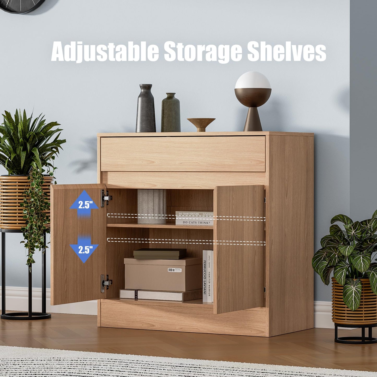 Buffet Cabinet with 2 Doors, Drawer, and Adjustable Shelf, Modern Kitchen Sideboard Coffee Bar for Living Room or Kitchen, Oak