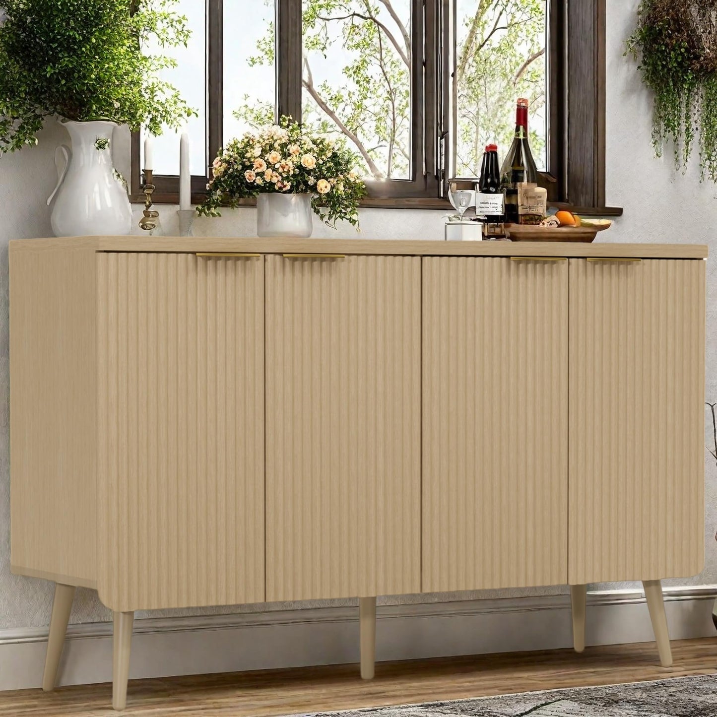 Fluted Buffet Cabinet with Doors and Shelves, Modern Wood Sideboard Coffee Bar Storage for Kitchen, Dining, and Living Room, Natural Oak