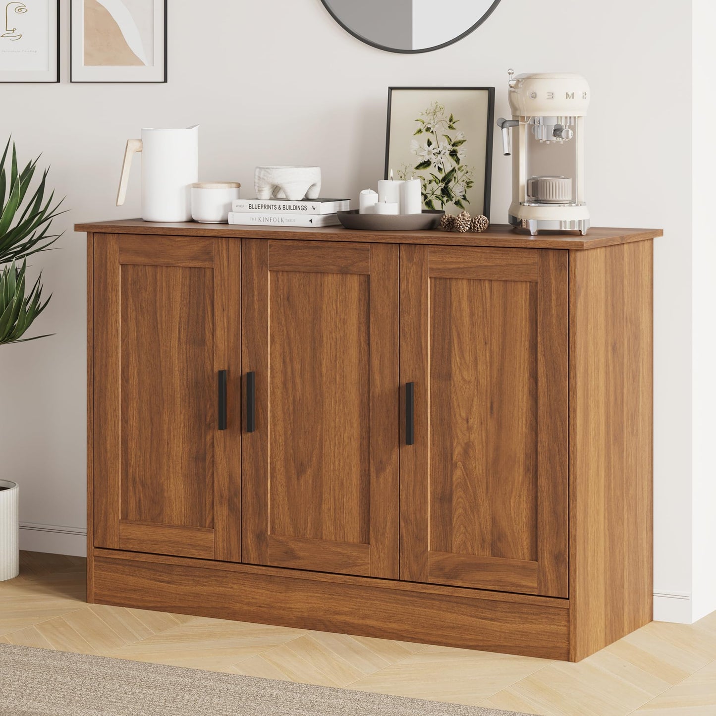 43" Brown Buffet Cabinet with 3 Doors and Adjustable Shelf, Modern Coffee Bar Sideboard for Kitchen or Living Room