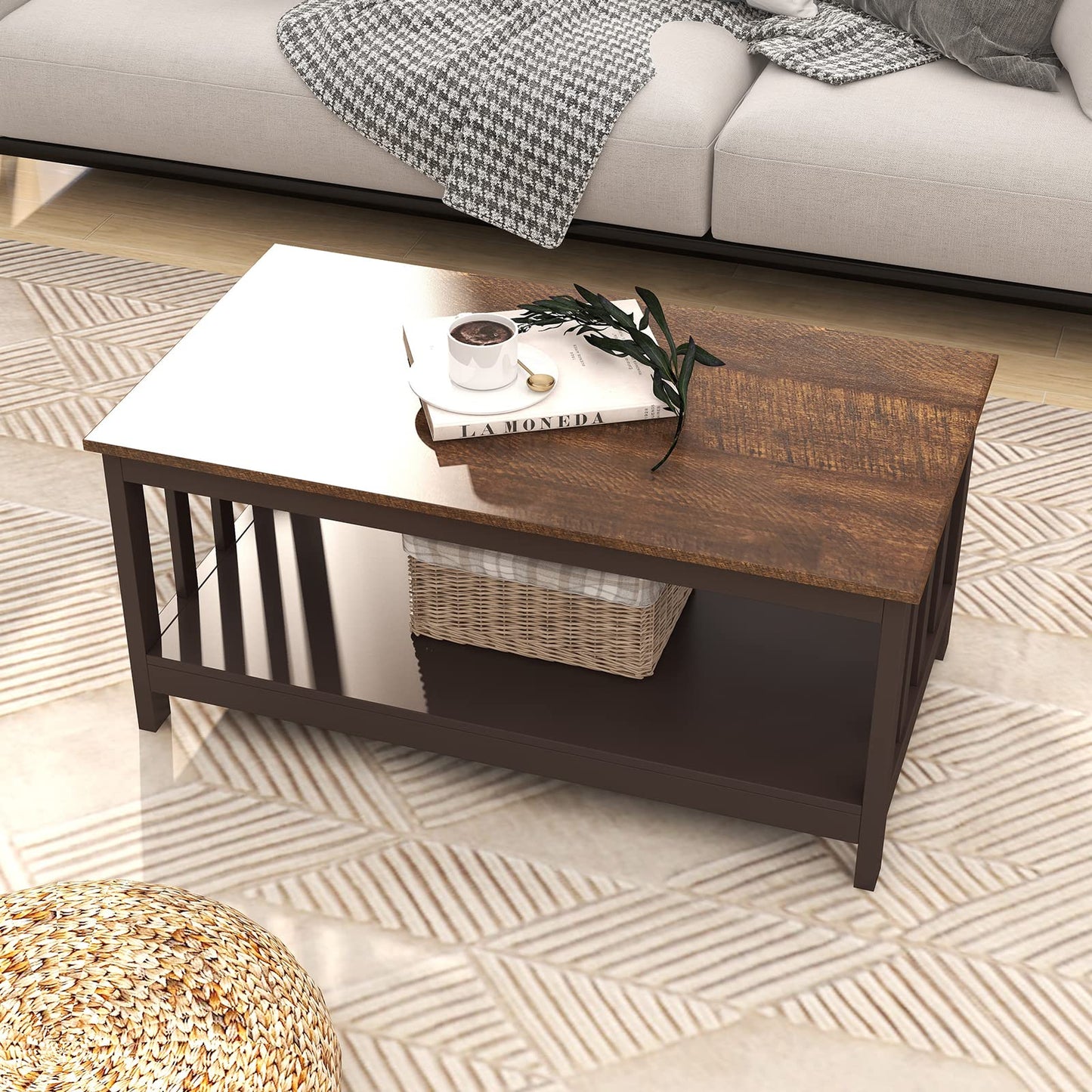 Espresso Farmhouse Coffee Table with Shelf, 40 Inch Living Room Table