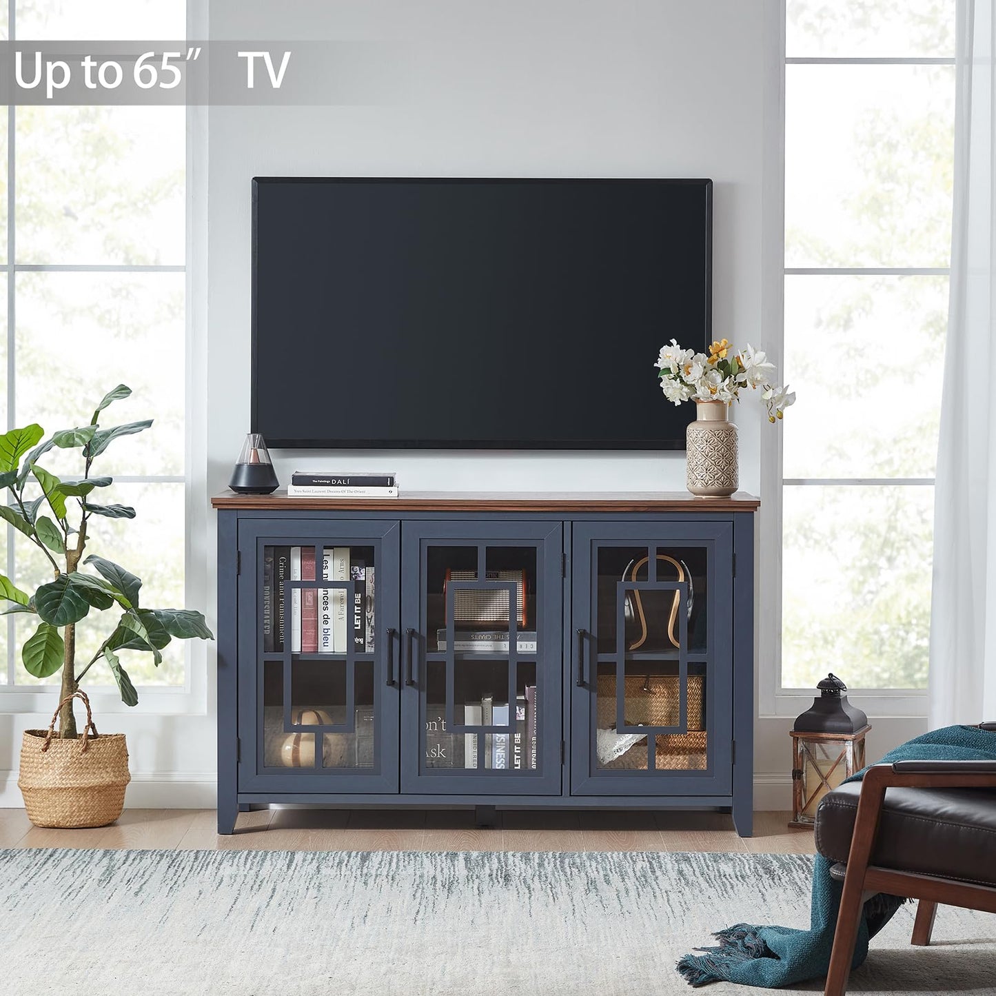 **55" Large Farmhouse Sideboard Buffet Cabinet with Storage, Wood Coffee & Wine Bar Cabinet with 3 Glass Doors, Mid-Century Modern Sideboard for Dining Room or Living Room, Navy Blue**