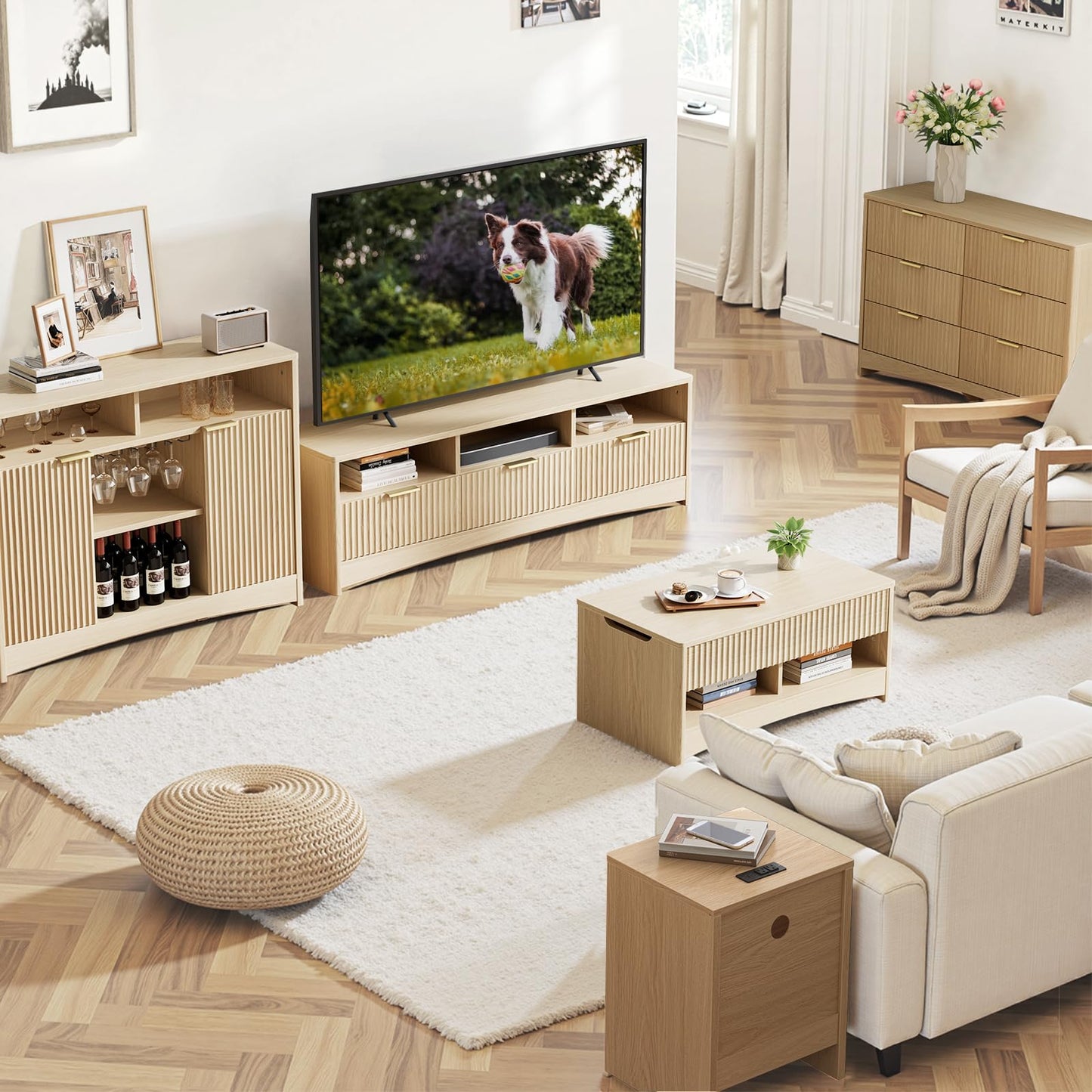 Coffee Bar Cabinet with Wine Glass Rack, 47" Buffet Sideboard with Adjustable Shelves and Soft-Close Hinges, Holds 200 lbs, Natural Oak