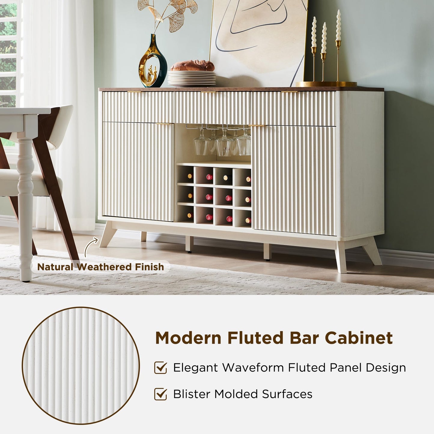 60" Fluted Buffet Cabinet with 3 Drawers and 2 Doors, Modern Wine and Coffee Bar Sideboard with Wine and Glass Racks, Adjustable Shelves for Kitchen or Dining, Antique White