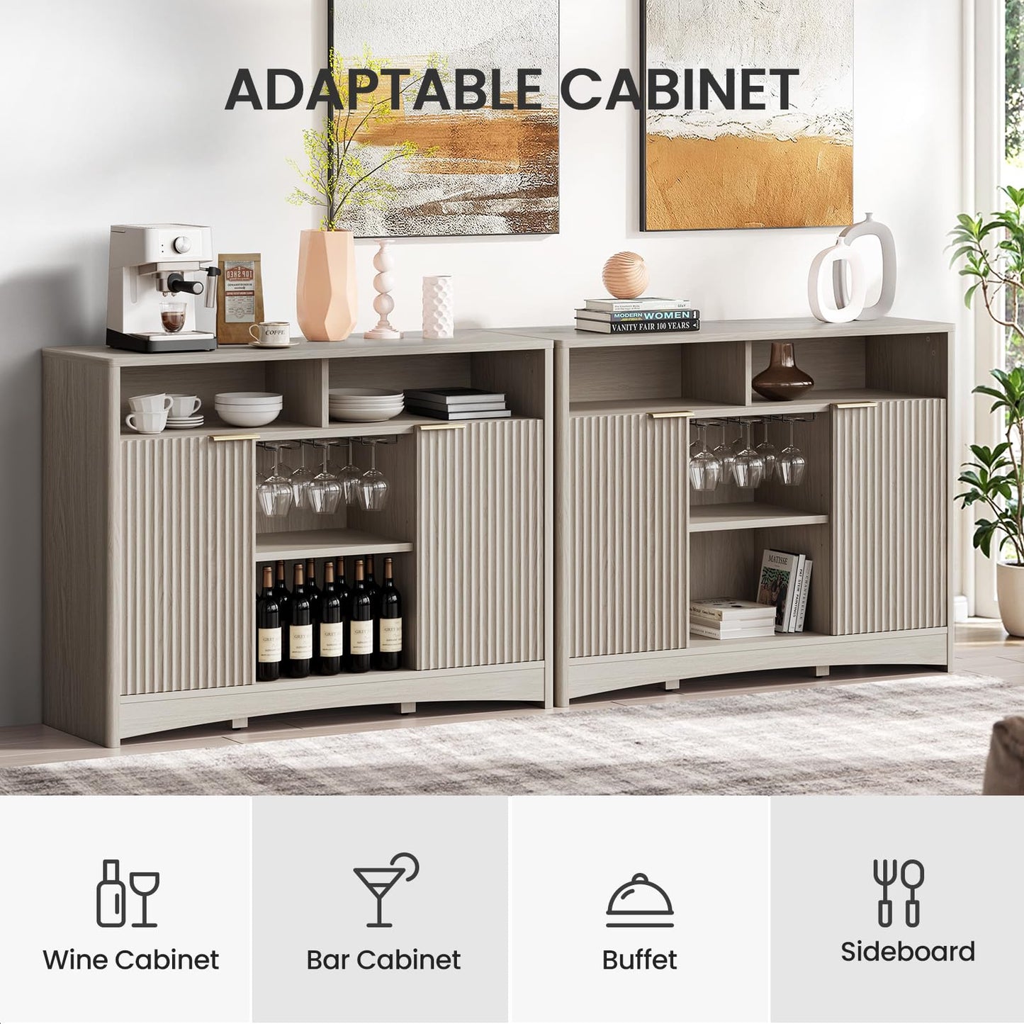 Coffee Bar Cabinet with Wine Glass Rack, 47" Buffet Sideboard with Adjustable Shelves and Soft-Close Hinges, Holds 200 lbs, Grey