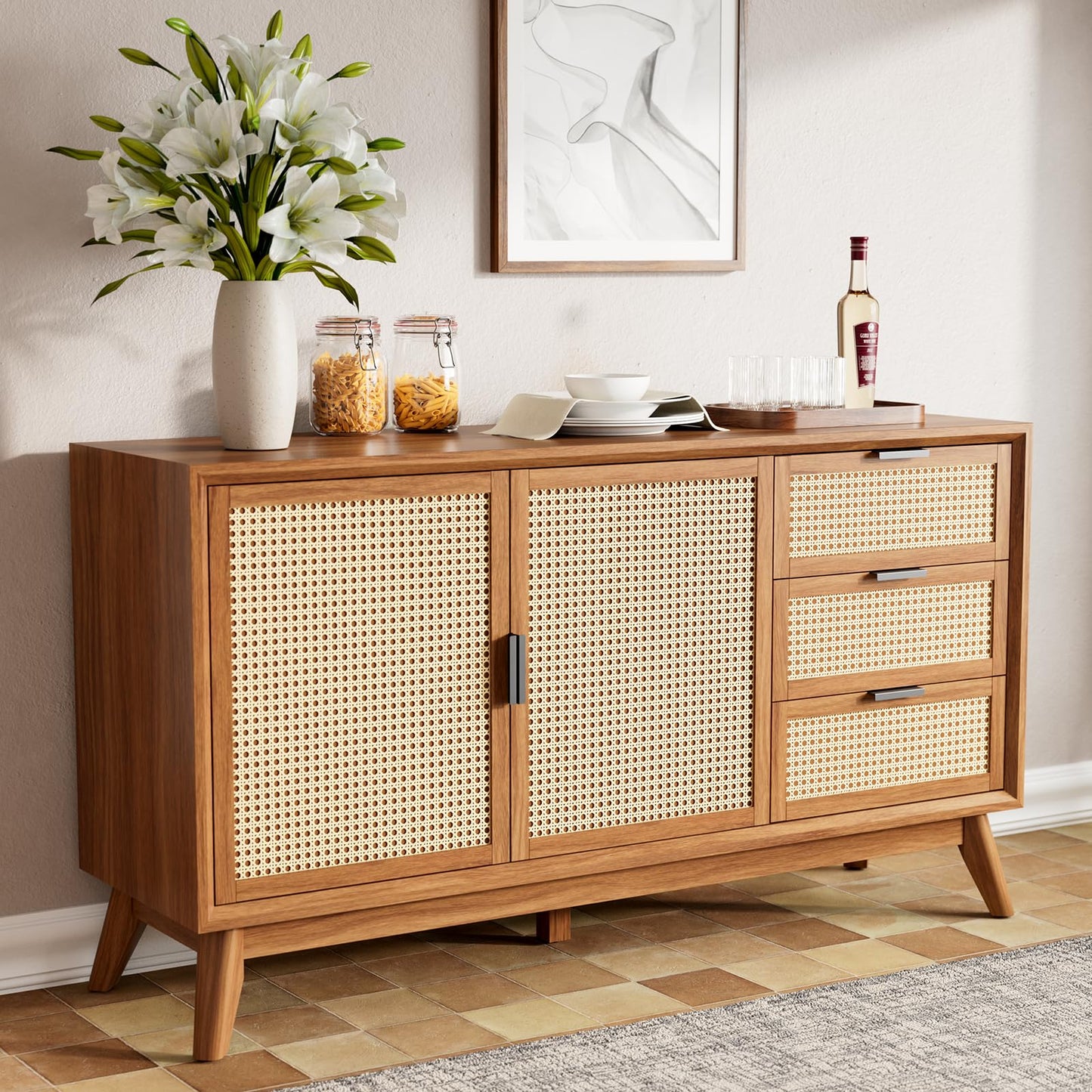 **58" Rattan Buffet Sideboard with 3 Drawers and 2 Doors, Pre-Assembled Accent Console Table for Living Room, Kitchen, or Dining, Dark Chocolate**