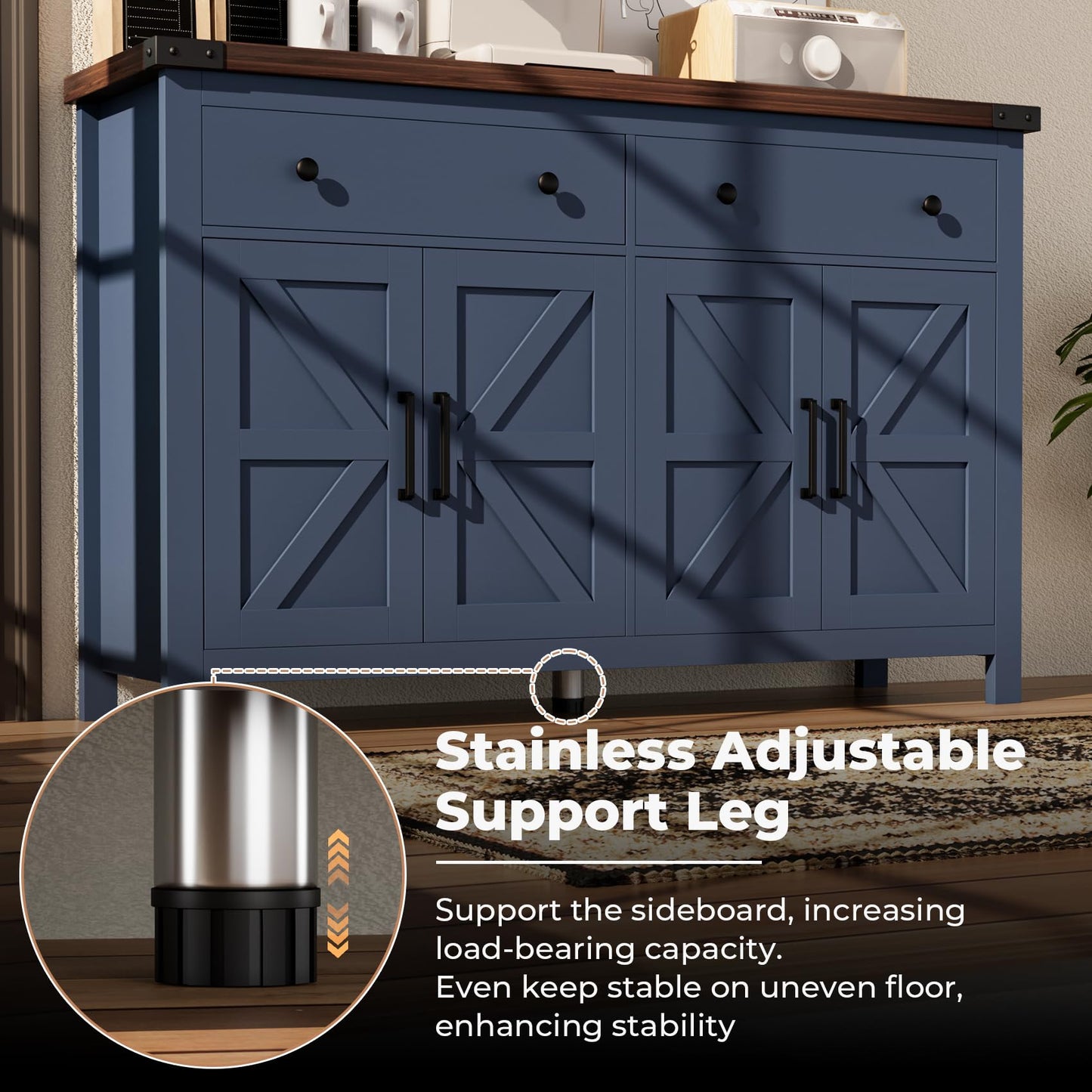 Farmhouse Buffet Cabinet with Storage, 55" Large Sideboard with 4 Doors & 2 Drawers, Blue Wood Coffee Bar Cabinet for Kitchen, Dining Room & Living Room