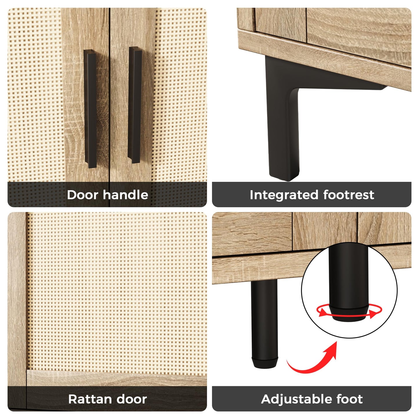 JASIWAY Sideboard - Kitchen Buffet Cabinet with Rattan Decorated Doors, Accent Cabinets with Doors, Coffee Bar Cabinets Rattan Sideboard Buffet Cabinet with Storage (Natural with 4 Doors)