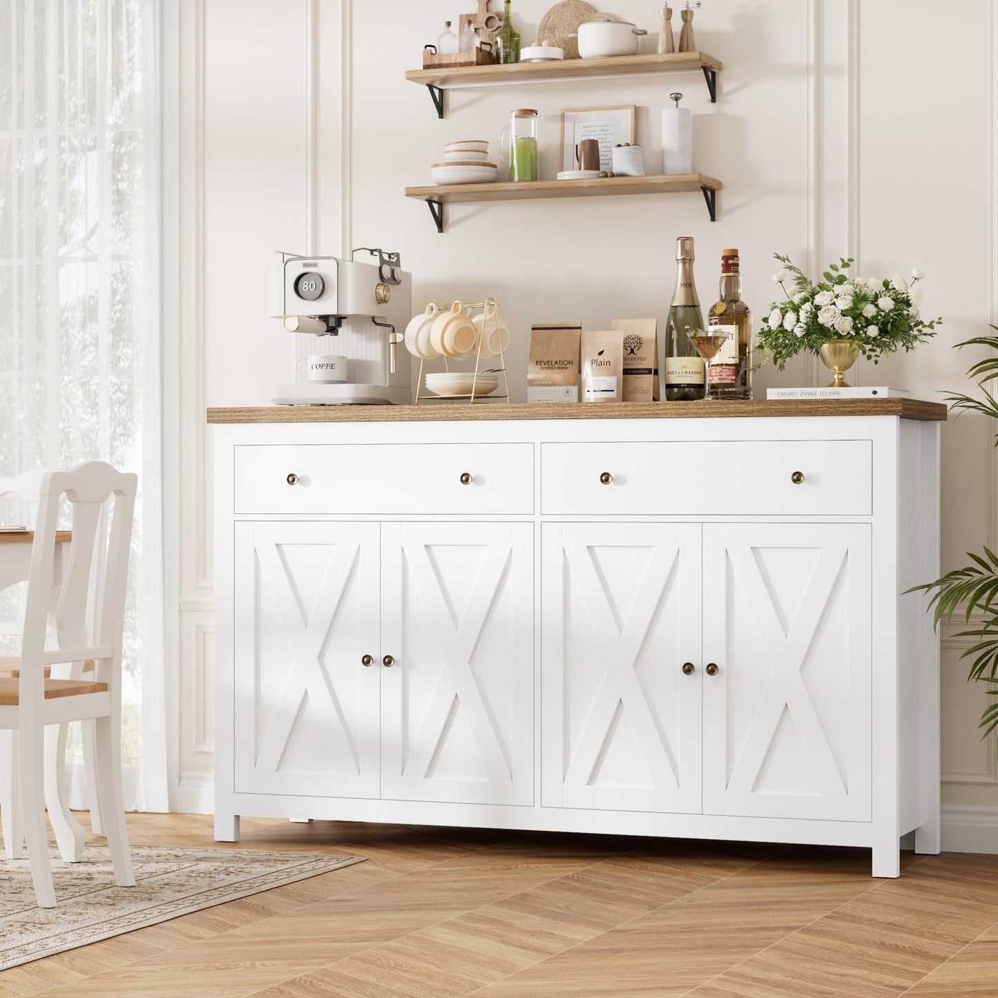 55" Large Sideboard Buffet Cabinet with 2 Drawers and 4 Doors, Wood Storage Buffet Table for Kitchen or Dining Room, White