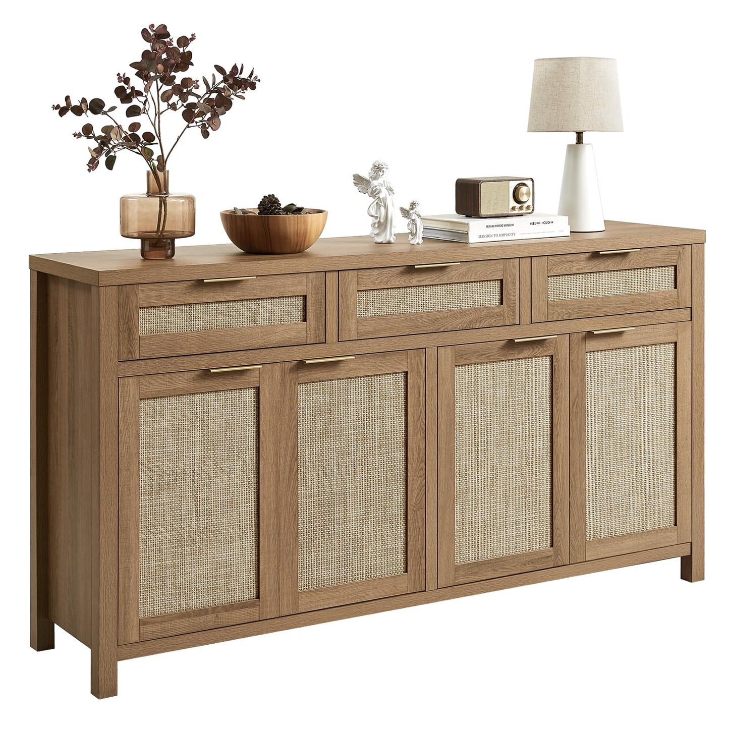 Boho Rattan Sideboard Buffet Cabinet with 4 Doors and 3 Drawers, Farmhouse Storage Credenza with Adjustable Shelves for Living Room, Hallway, or Kitchen