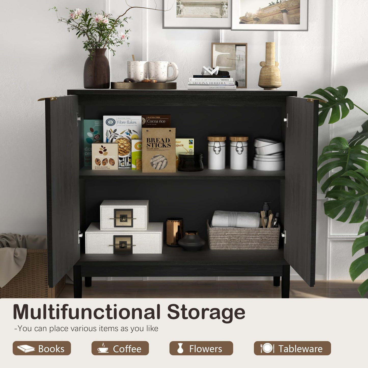 Fluted Buffet Cabinet with Door and Adjustable Shelves, Modern Sideboard Storage Cabinet for Kitchen, Living Room, or Hallway, Black