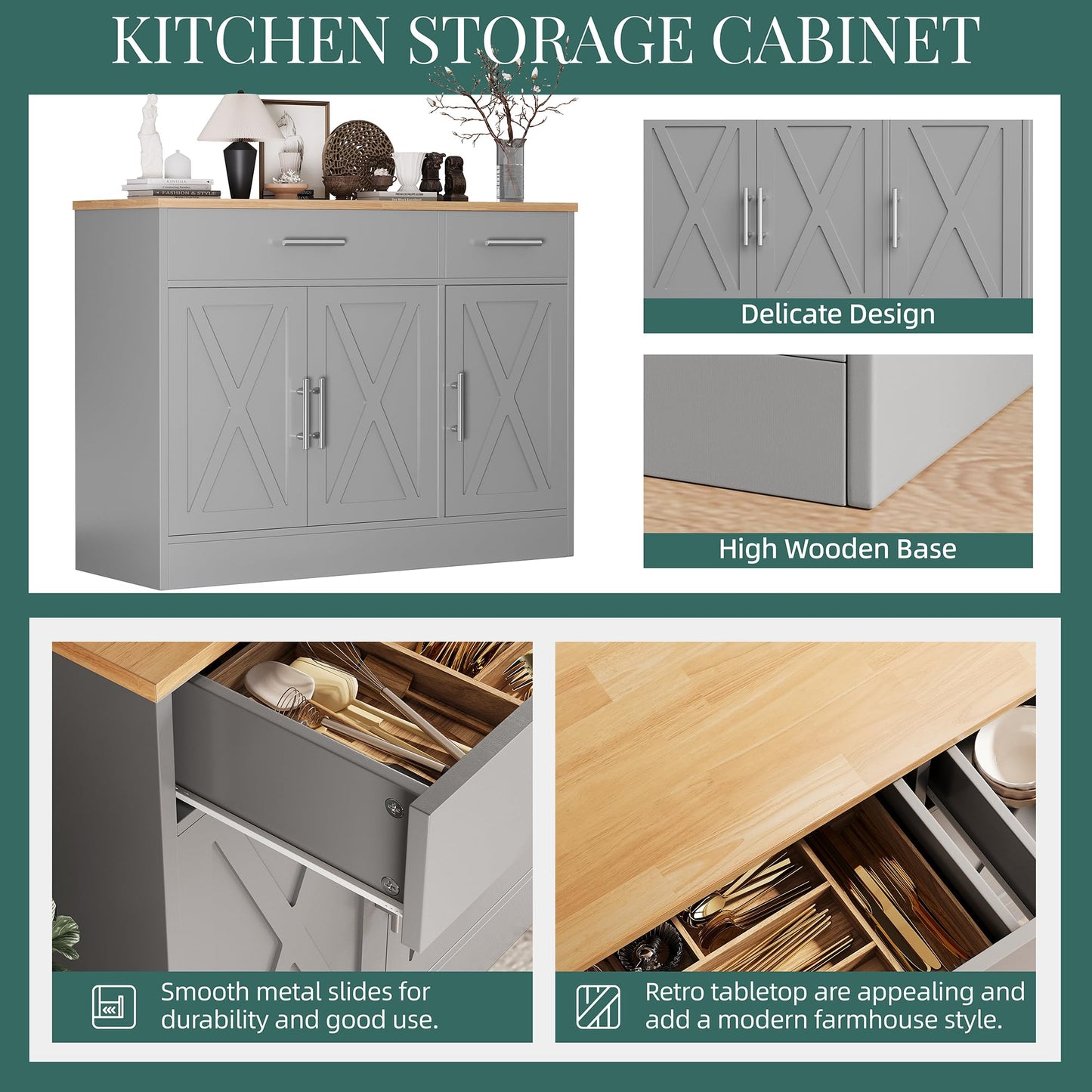 Modern Farmhouse Sideboard Buffet Cabinet with 3 Doors and Adjustable Shelf, 42" Wood Storage Cabinet for Kitchen or Living Room, Grey