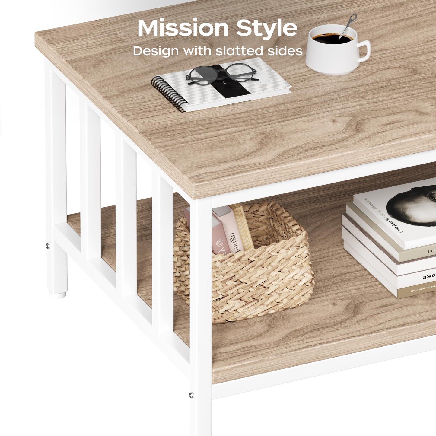 Modern Farmhouse Coffee Table with Slatted Frame, 2-Tier Storage Shelf for Living Room or Office, 39 Inch Light Coffee