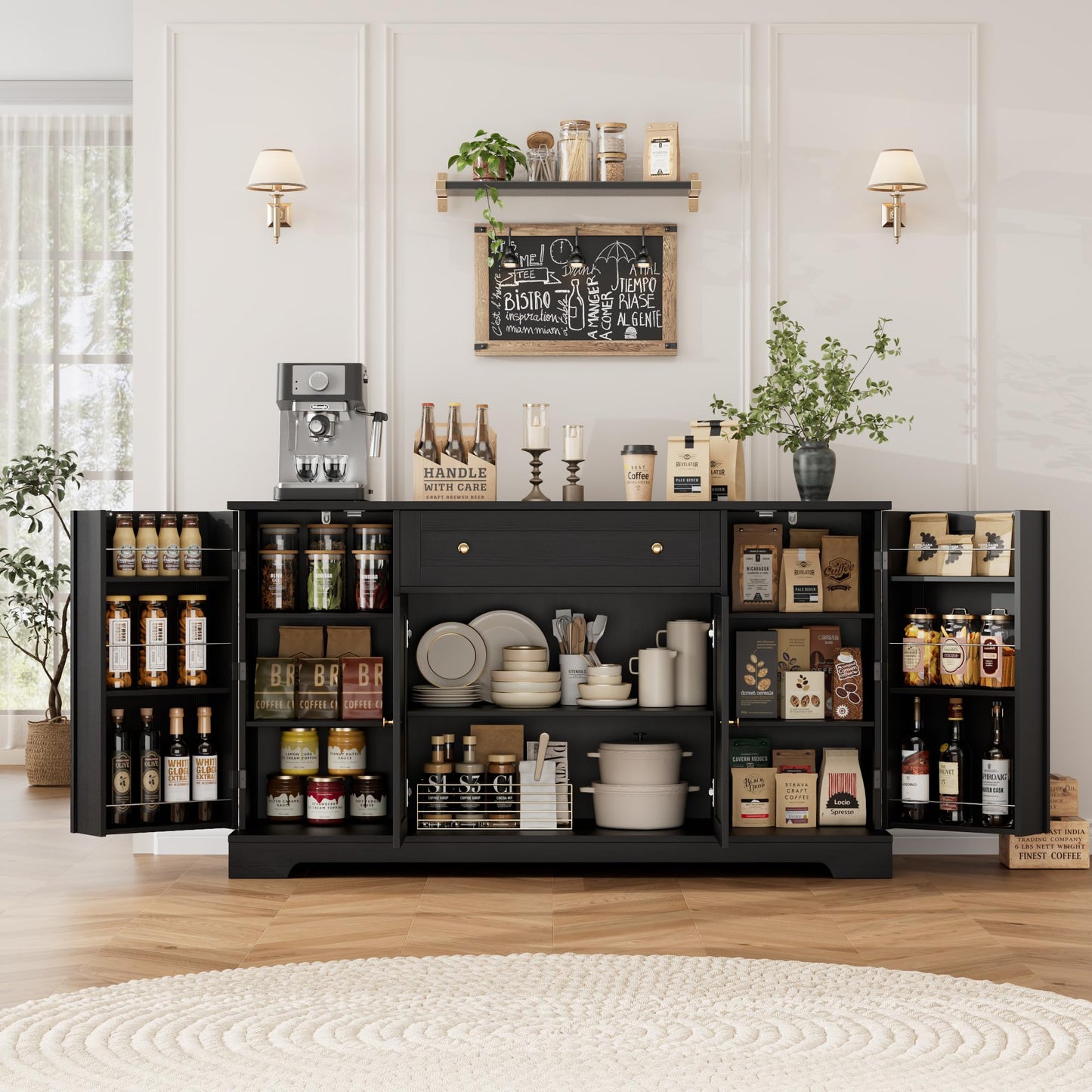 **HITHOS 54" Modern Buffet Cabinet with Storage, Black Kitchen Sideboard with Drawer, Wood Coffee Bar with Adjustable Shelves for Living Room**