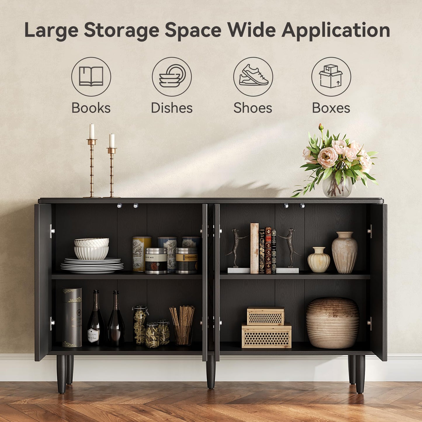 **LITTLE TREE 59" Buffet Cabinet Sideboard with Storage, Modern Sideboard Buffet Table with Doors for Living Room and Dining Room, Black**