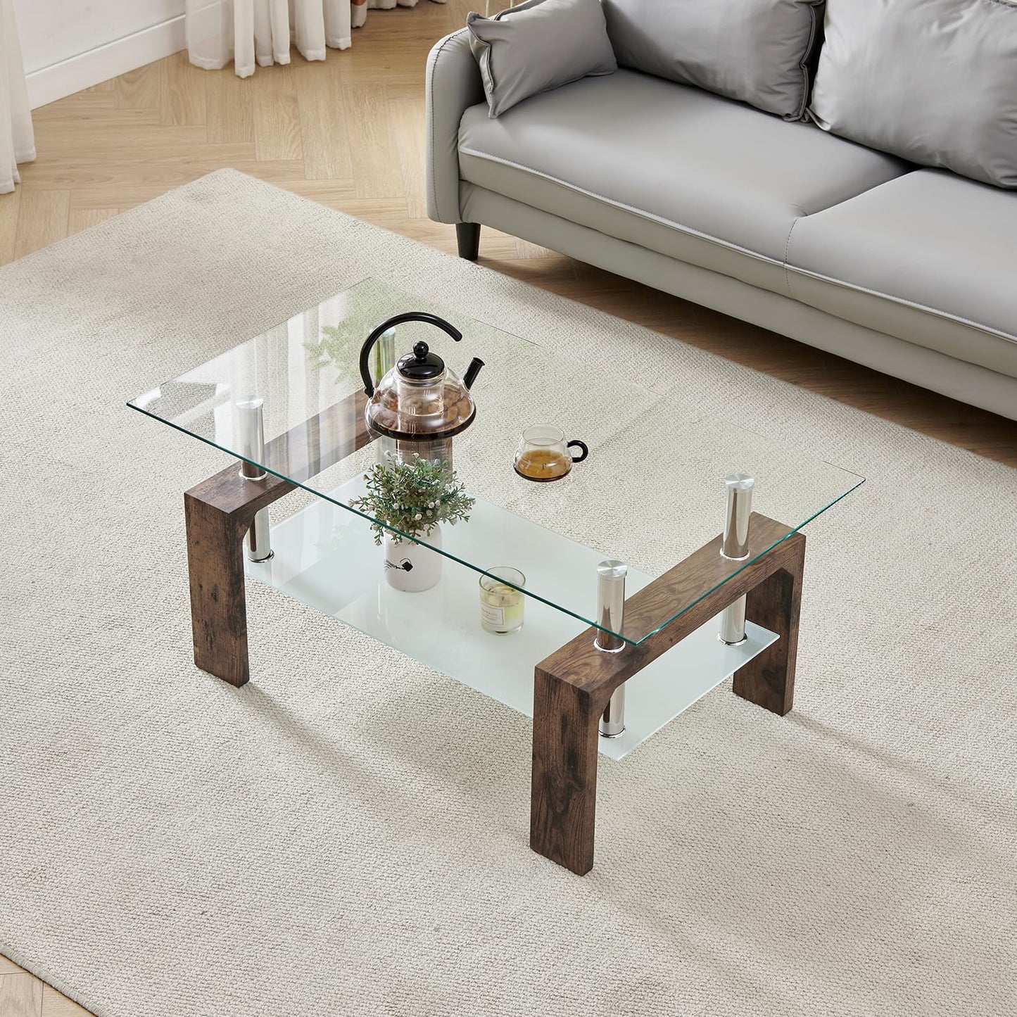 Modern Rectangle Coffee Table for Living Room, Brown Glass Tea Table with Wooden Legs & Lower Storage Shelf, Stylish Center Table for Home, Office, or Waiting Room