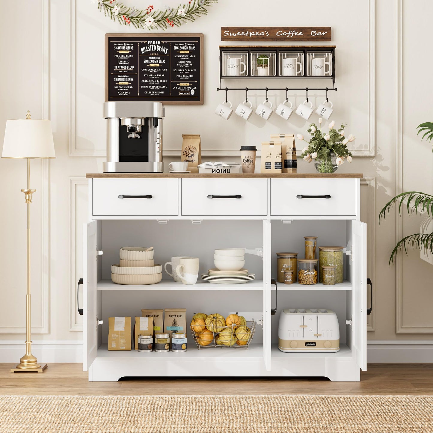 **HOSTACK Modern Farmhouse Sideboard Buffet Cabinet with Barn Doors, Drawers, and Shelves, Wood Coffee Bar Storage Cabinet for Kitchen, Dining Room, or Living Room, White**