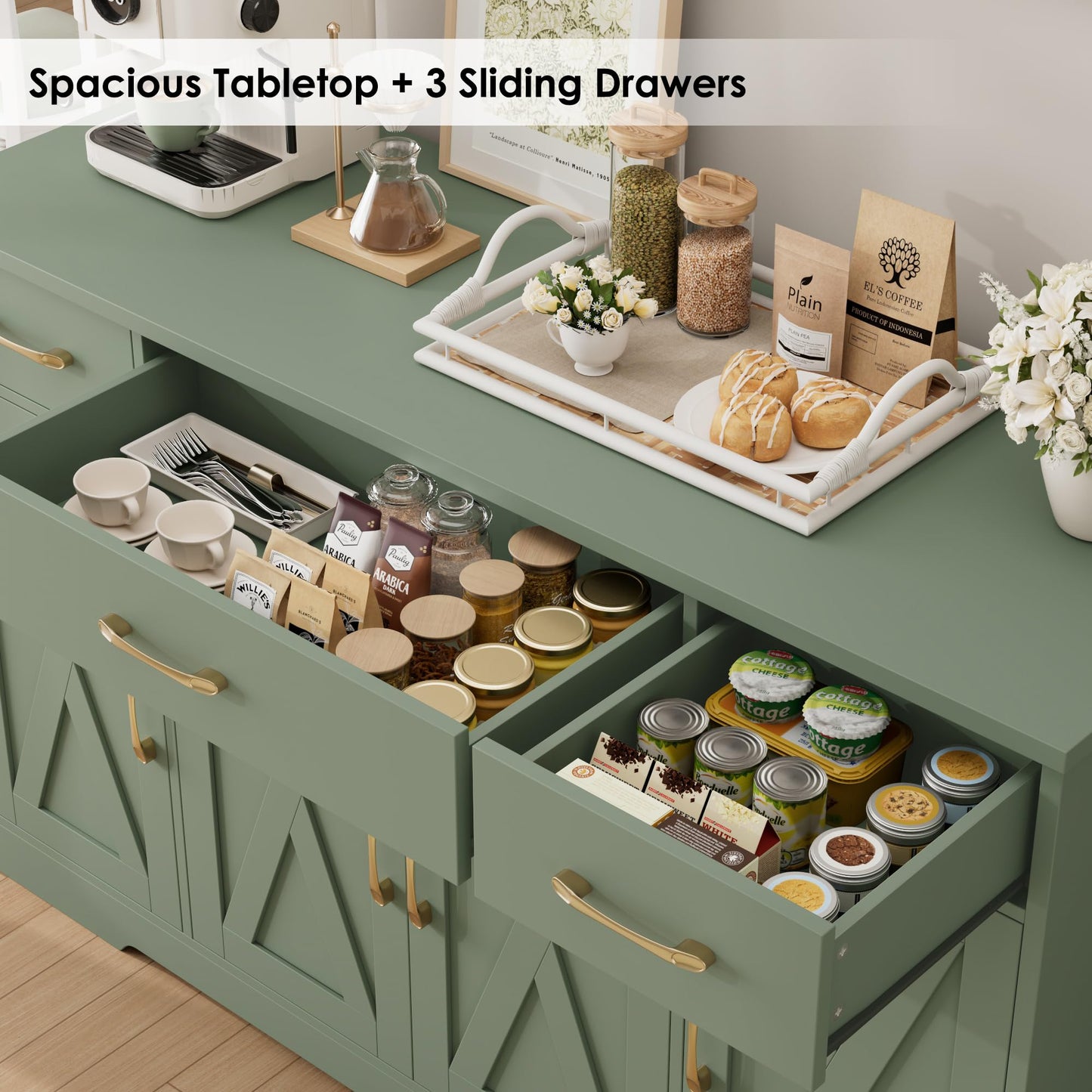 55" Large Buffet Sideboard Cabinet with Drawers, Shelves, and Doors, Modern Farmhouse Coffee Bar Station for Kitchen or Dining Room, Green