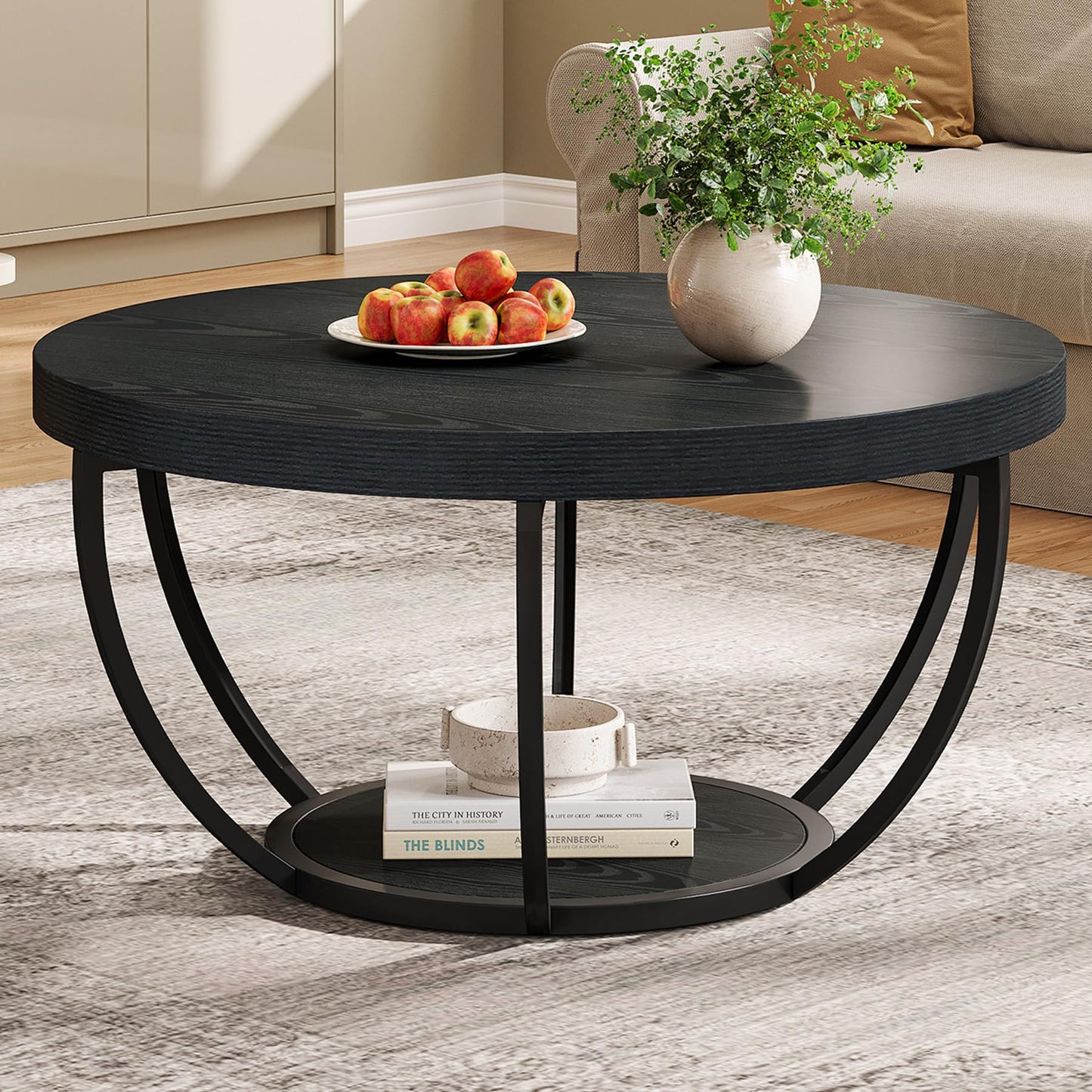 Tribesigns Black Round Coffee Table, 31.7" Modern 2-Tier Circle Coffee Table with Storage Shelves, Accent Cocktail Table Center Table for Living Room