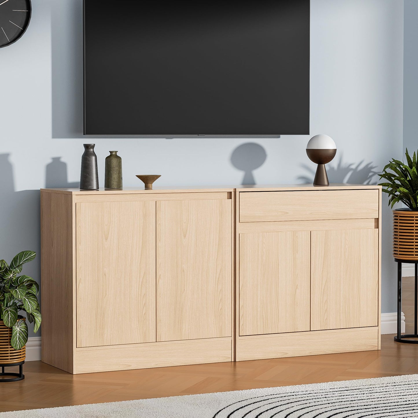 Buffet Cabinet with 2 Doors, Drawer, and Adjustable Shelf, Modern Kitchen Sideboard Coffee Bar for Living Room or Kitchen, Oak