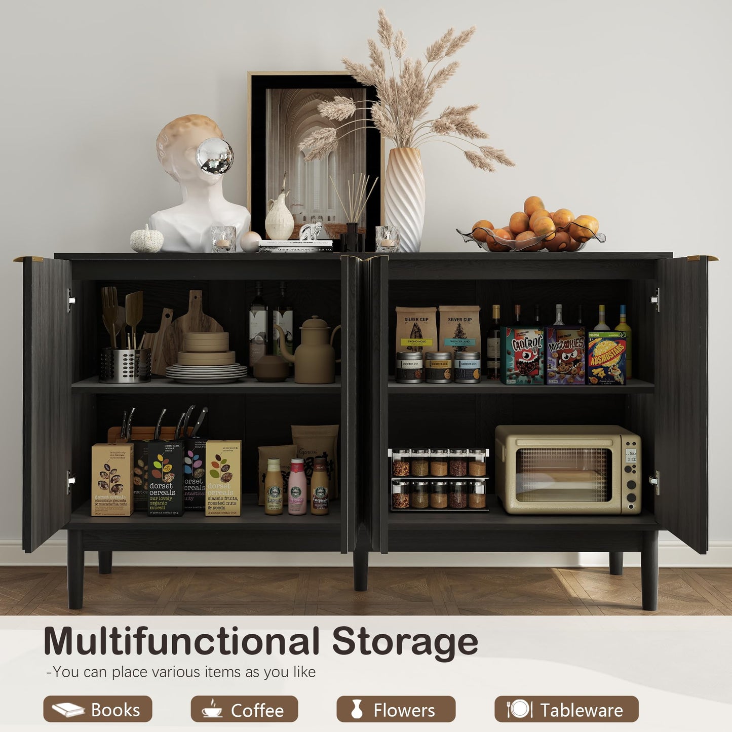 Small Fluted Buffet Cabinet with Door and Adjustable Shelves, Modern Sideboard Storage for Kitchen, Living Room, or Hallway, Black