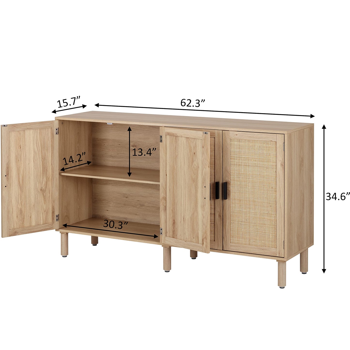 4-Door Sideboard Buffet Cabinet with Rattan Doors, Boho Kitchen Storage Console Table and Liquor Cabinet for Home Bar or Dining Room, 62.3" x 15.7" x 34.6", Natural
