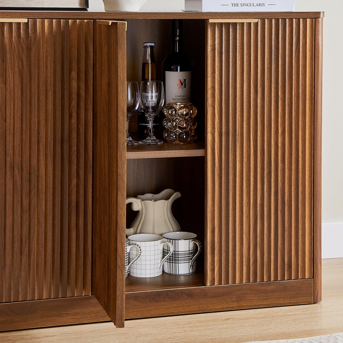 59" Fluted Walnut Sideboard Buffet Cabinet with 4 Doors, Large Wood Mid-Century Modern Storage Cabinet for Kitchen and Living Room