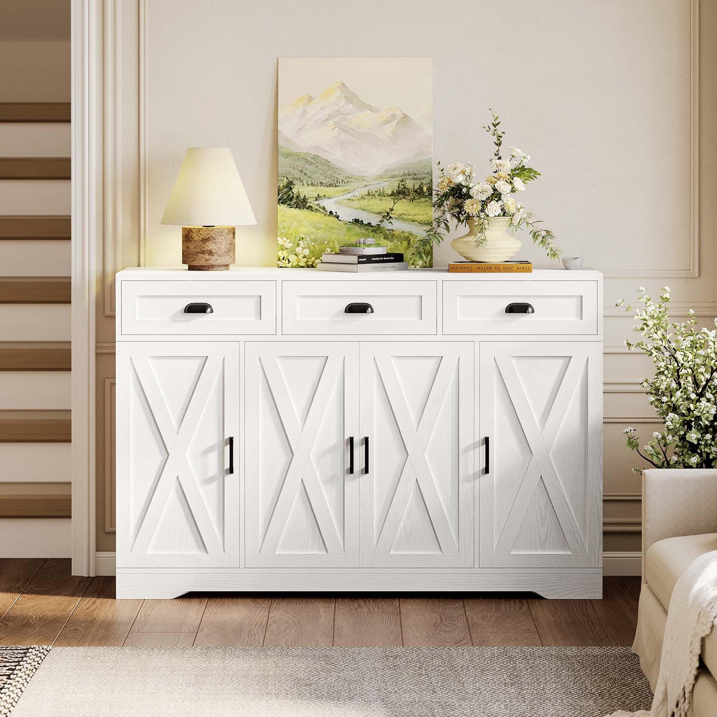 Buffet Cabinet with 4 Doors, 3 Drawers, and 6 Adjustable Shelves, Modern Sideboard Coffee Bar Storage for Kitchen or Dining Room, White