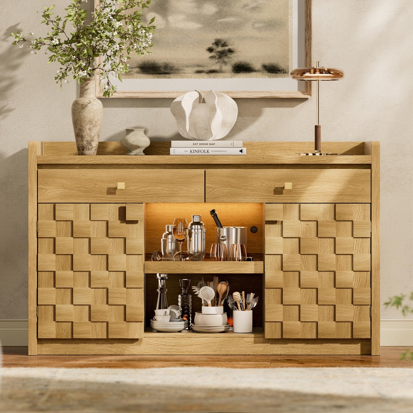 55" Fluted Sideboard Buffet Cabinet with Charging Station and LED Light, 2 Drawers, Pull-Out Shelf, and Spice Rack, Modern Kitchen Storage, Original Oak