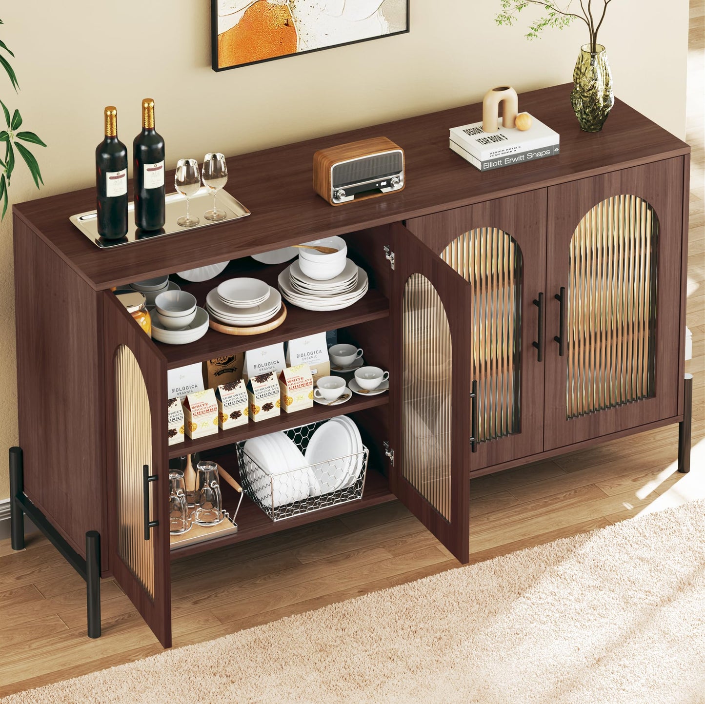 55" Modern Sideboard Buffet Cabinet with 4 Fluted Acrylic Doors and Adjustable Shelves, Wood Console Table for Living Room or Kitchen, Dark Walnut