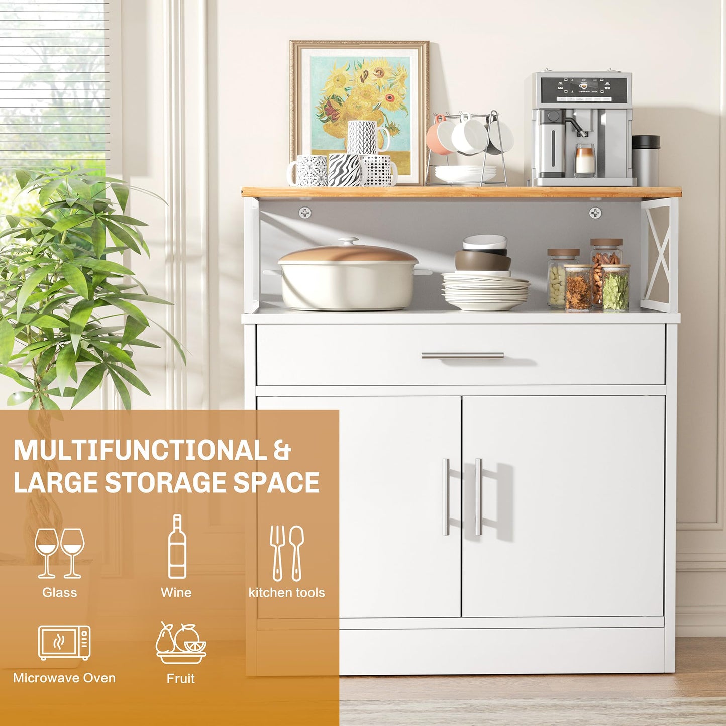 **Shintenchi Modern Kitchen Buffet Cabinet with Adjustable Shelf, Farmhouse Coffee Bar Storage Cabinet, White**