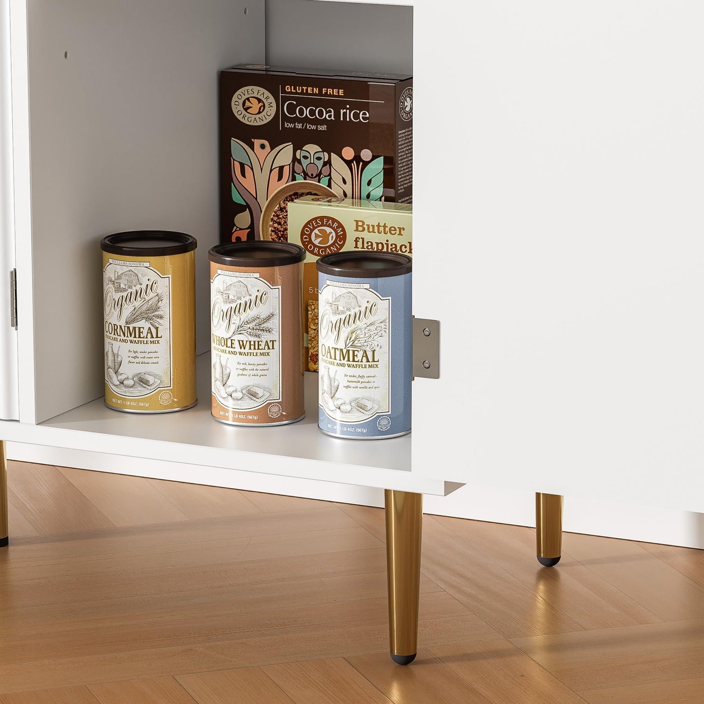 Fluted Sideboard Buffet with 3 Doors and Adjustable Shelves, Modern Kitchen Storage Cabinet with Gold Handles, Coffee Bar for Living Room or Kitchen, White