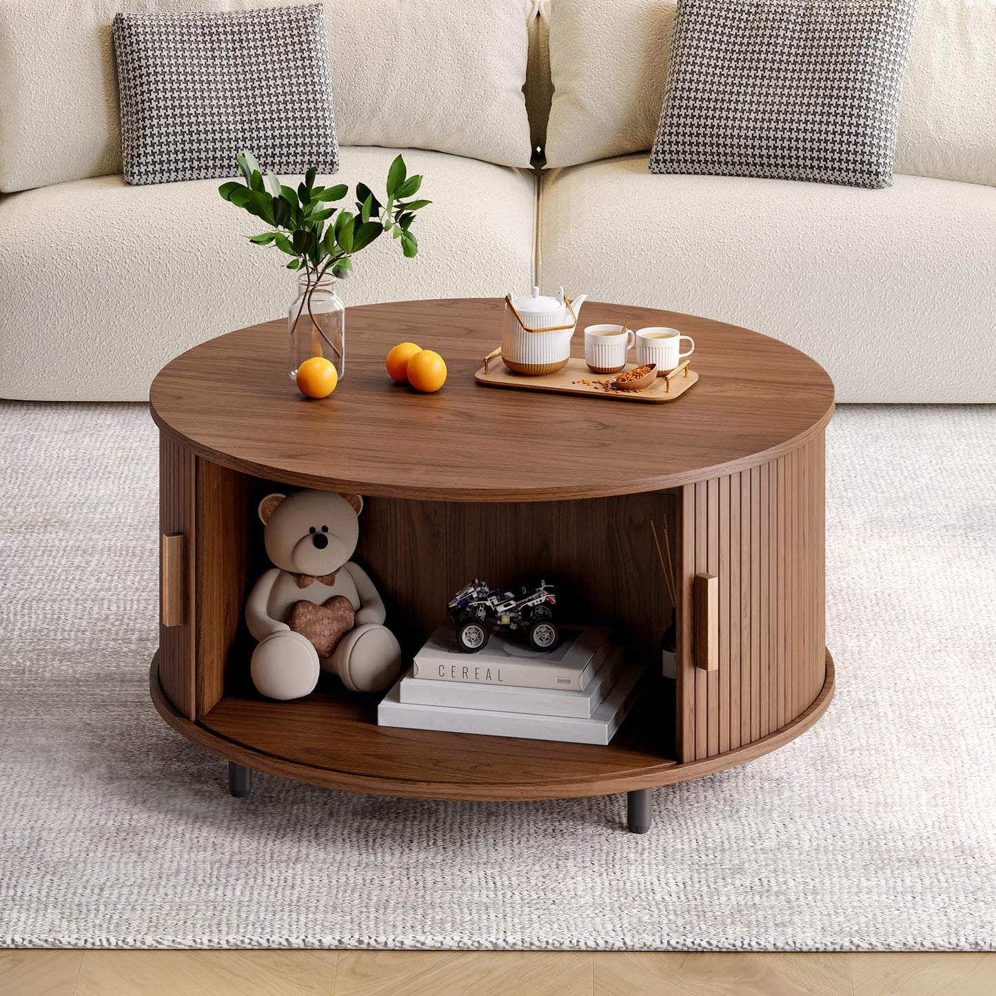 Round Coffee Table with Storage, 31.5" Modern Fluted Wood Table with 360° Sliding Door and Adjustable Footpads, Walnut