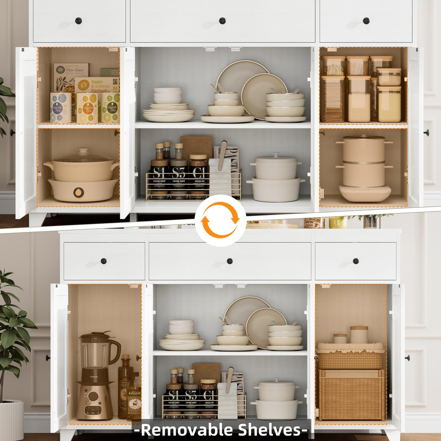 **HIFIT 55" Large Kitchen Buffet Cabinet with Storage, Modern Sideboard with Drawers, Doors, and Shelves, Wood Coffee Bar Cabinet for Kitchen, Dining, or Living Room, White**