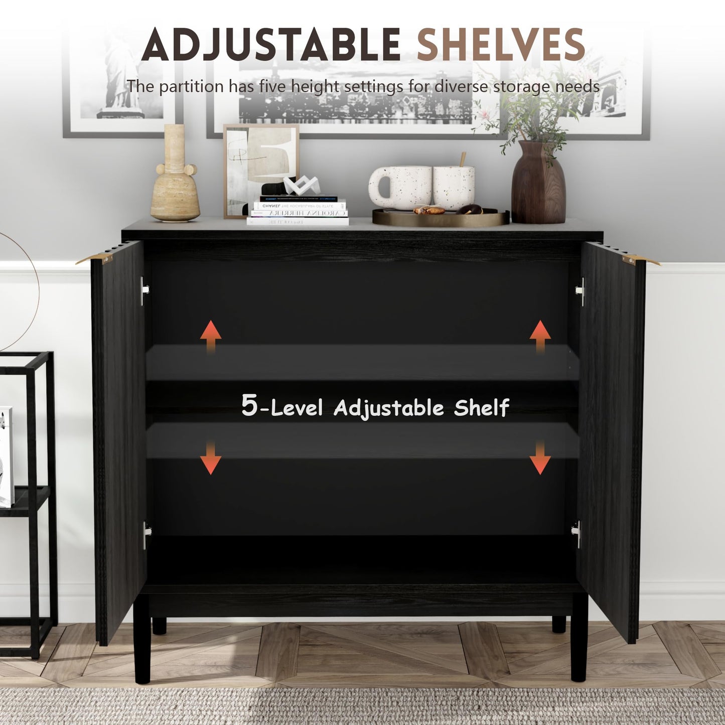 Fluted Buffet Cabinet with Door and Adjustable Shelves, Modern Sideboard Storage Cabinet for Kitchen, Living Room, or Hallway, Black