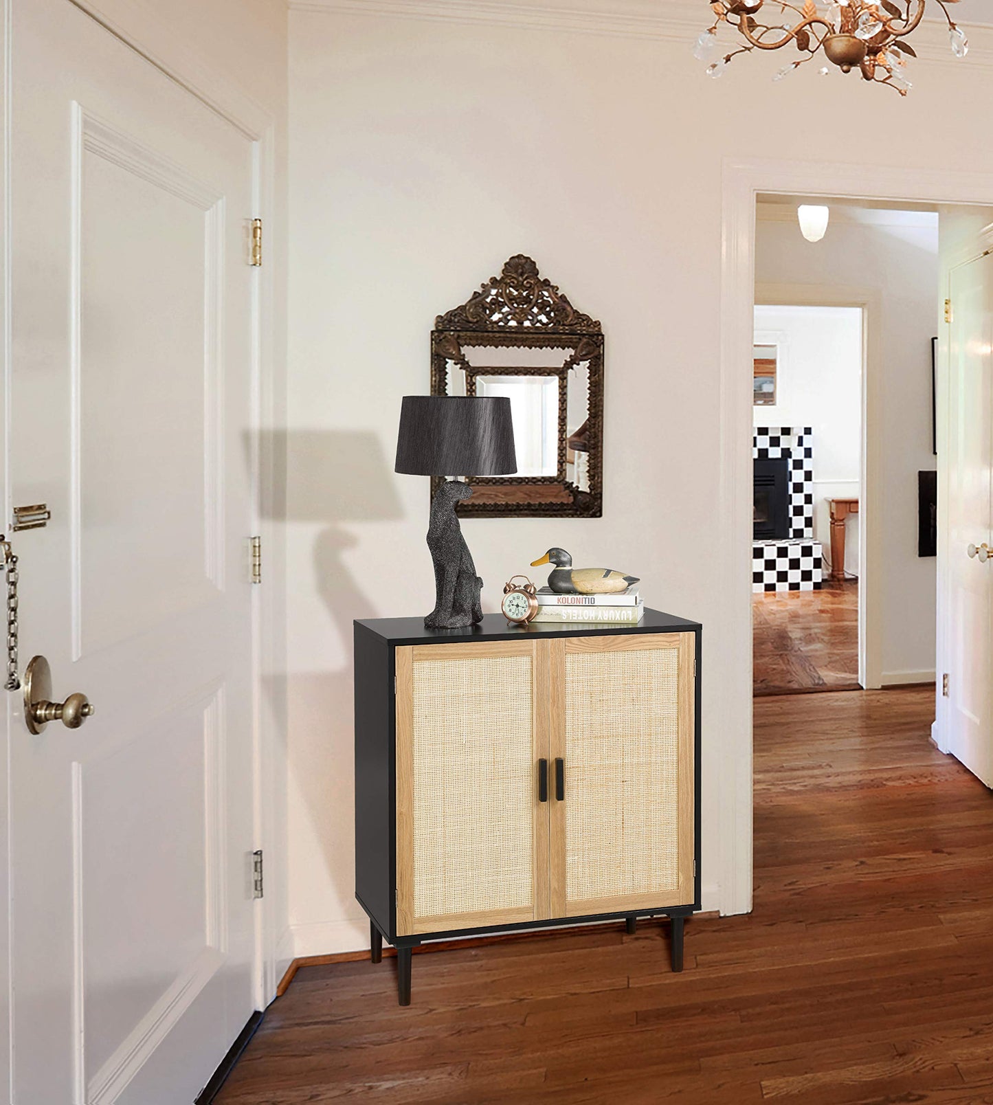 Sideboard Buffet Cabinet with Rattan Decorated Doors, Kitchen Storage Console Table and Liquor Buffet for Bar, Dining Room, or Hallway, 31.5" x 15.8" x 34.6"