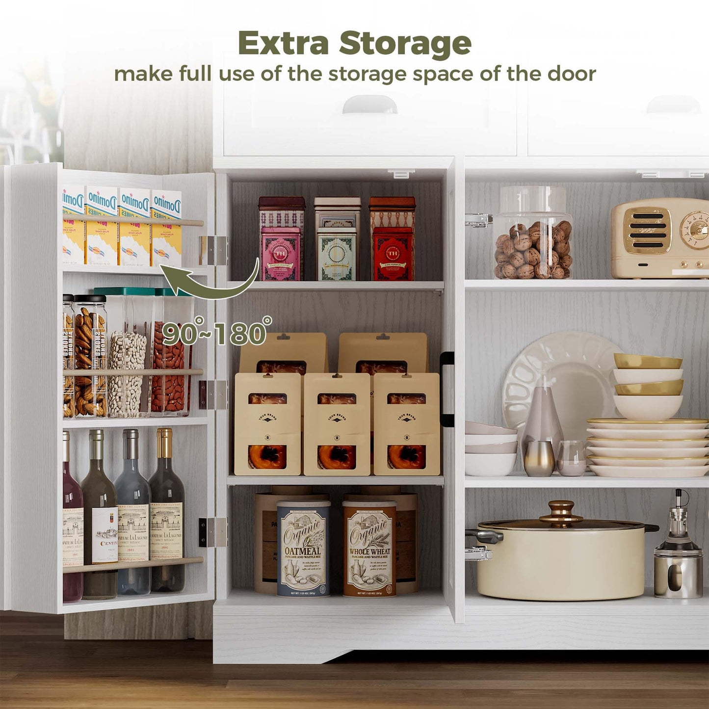 Buffet Cabinet with 4 Doors, 3 Drawers, and 6 Adjustable Shelves, Modern Sideboard Coffee Bar Storage for Kitchen or Dining Room, White