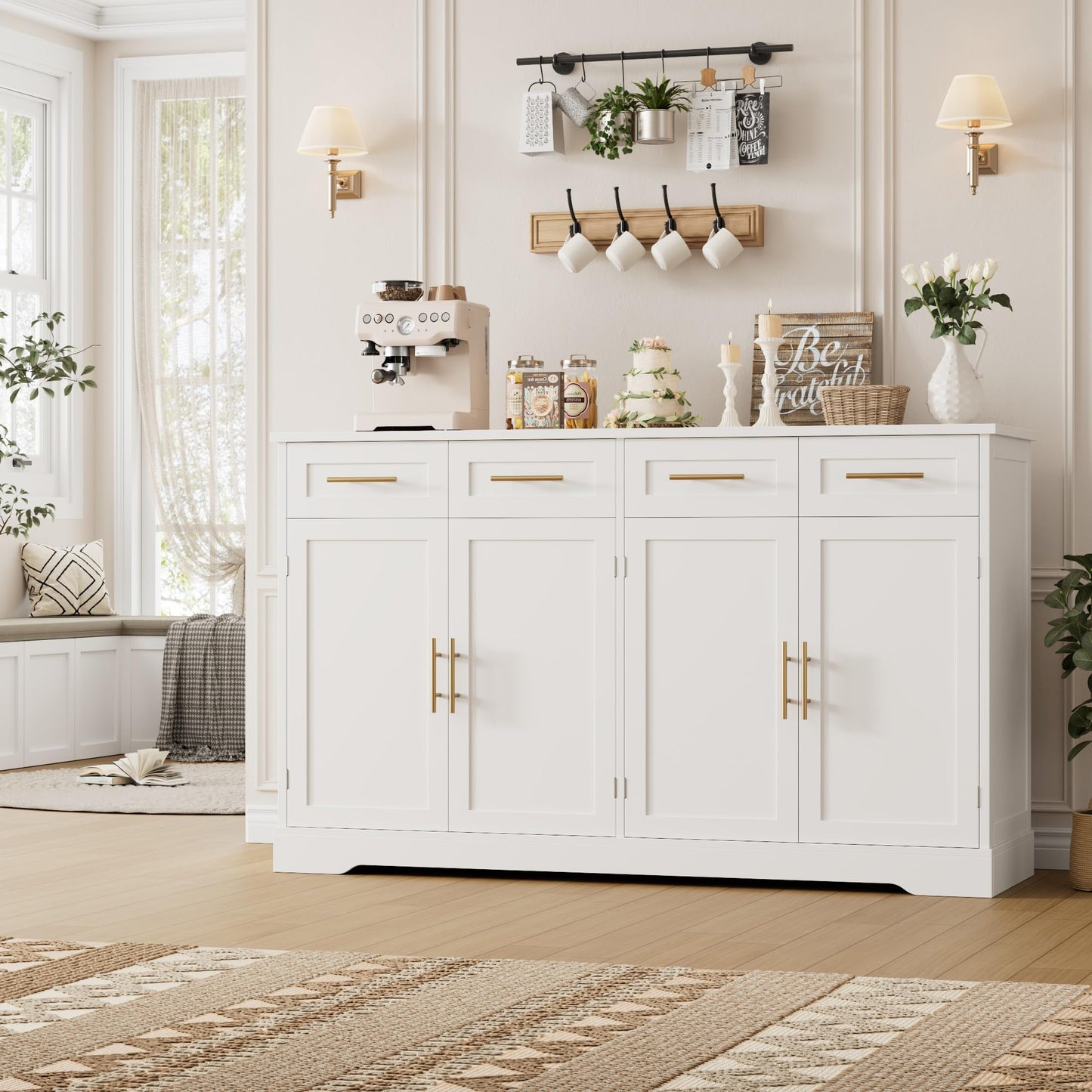60" Large Buffet Sideboard with 4 Drawers and Storage, 36" Tall Modern Kitchen Cabinet with Gold Handles, White