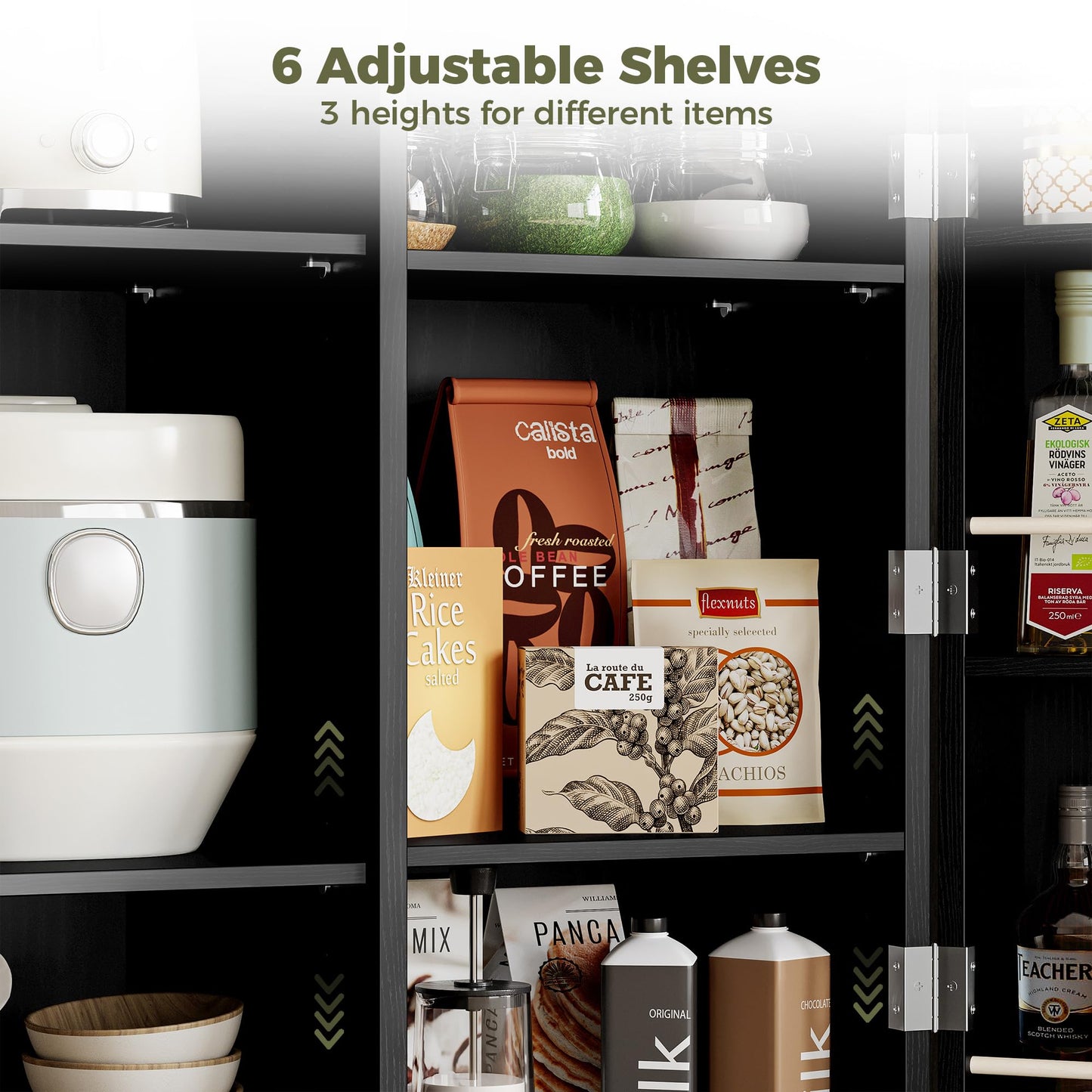 Buffet Cabinet with 4 Doors, 3 Drawers, and 6 Adjustable Shelves, Modern Sideboard Coffee Bar Storage for Kitchen or Dining Room, Black