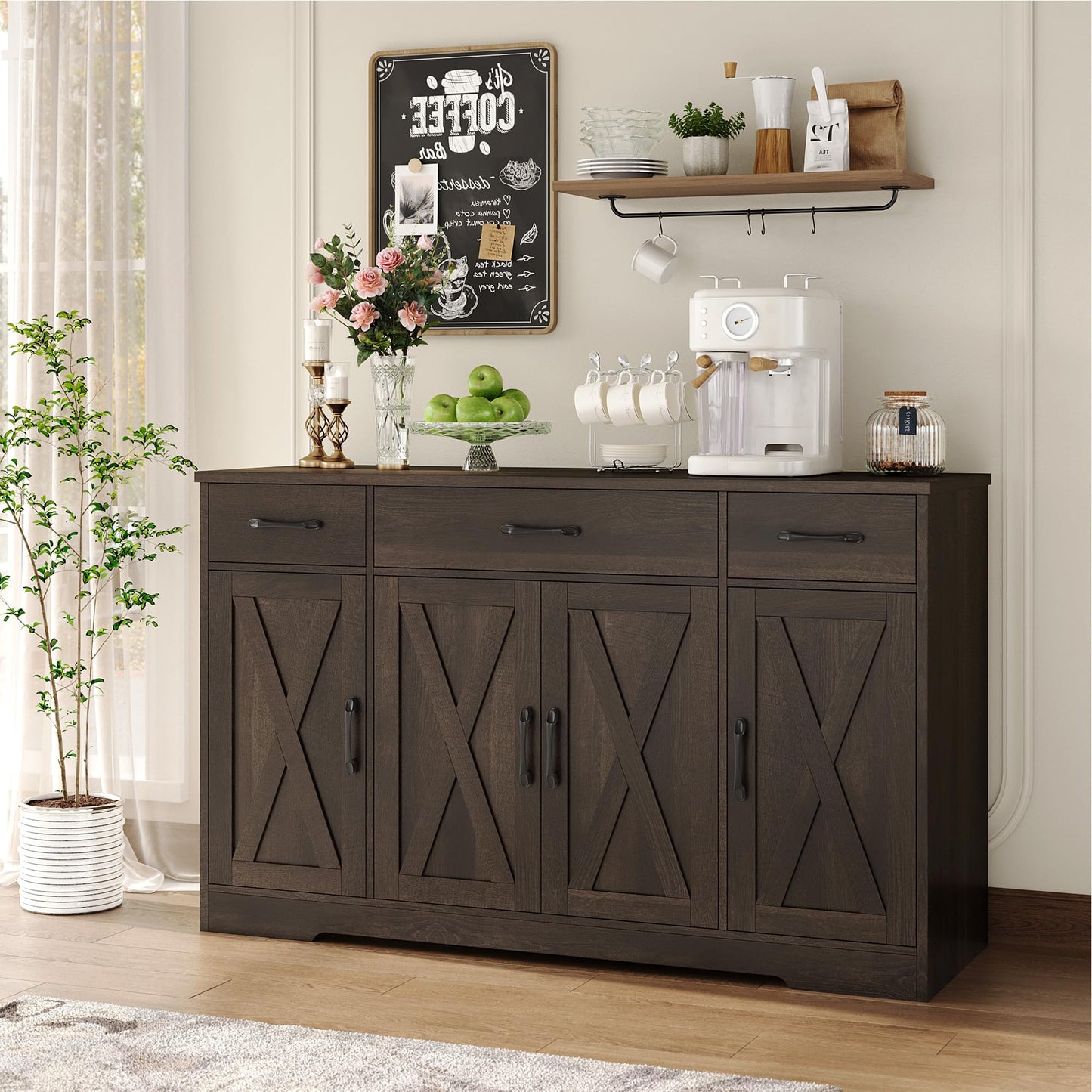 55" Large Buffet Sideboard Cabinet with Drawers, Shelves, and Doors, Modern Farmhouse Coffee Bar Station for Kitchen or Dining Room, Dark Brown