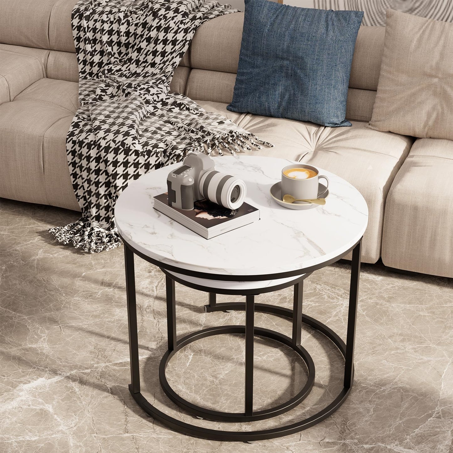 Round Nesting Coffee Table Set of 2, White Faux Marble Wooden Tables with Black Steel Frame for Living Room or Bedroom