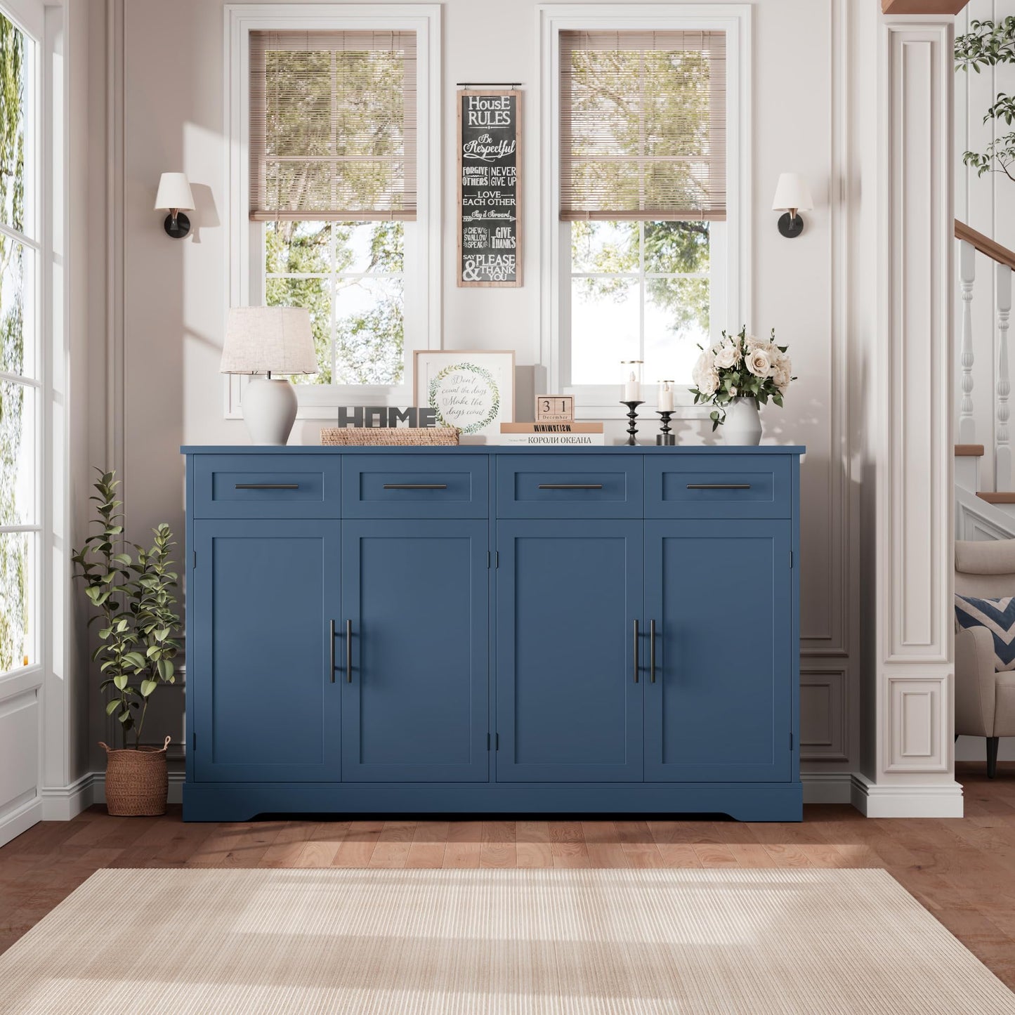 60" Large Buffet Sideboard with 4 Drawers and Storage, 36" Tall Modern Kitchen Cabinet with Silver Handles, Black