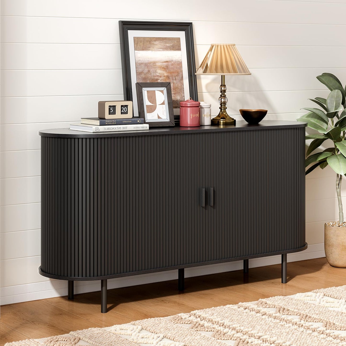 **55" Sideboard Buffet Cabinet with Storage, Sliding Door & Adjustable Shelf, Modern Accent Coffee Bar Console Table for Kitchen or Entryway, Black**