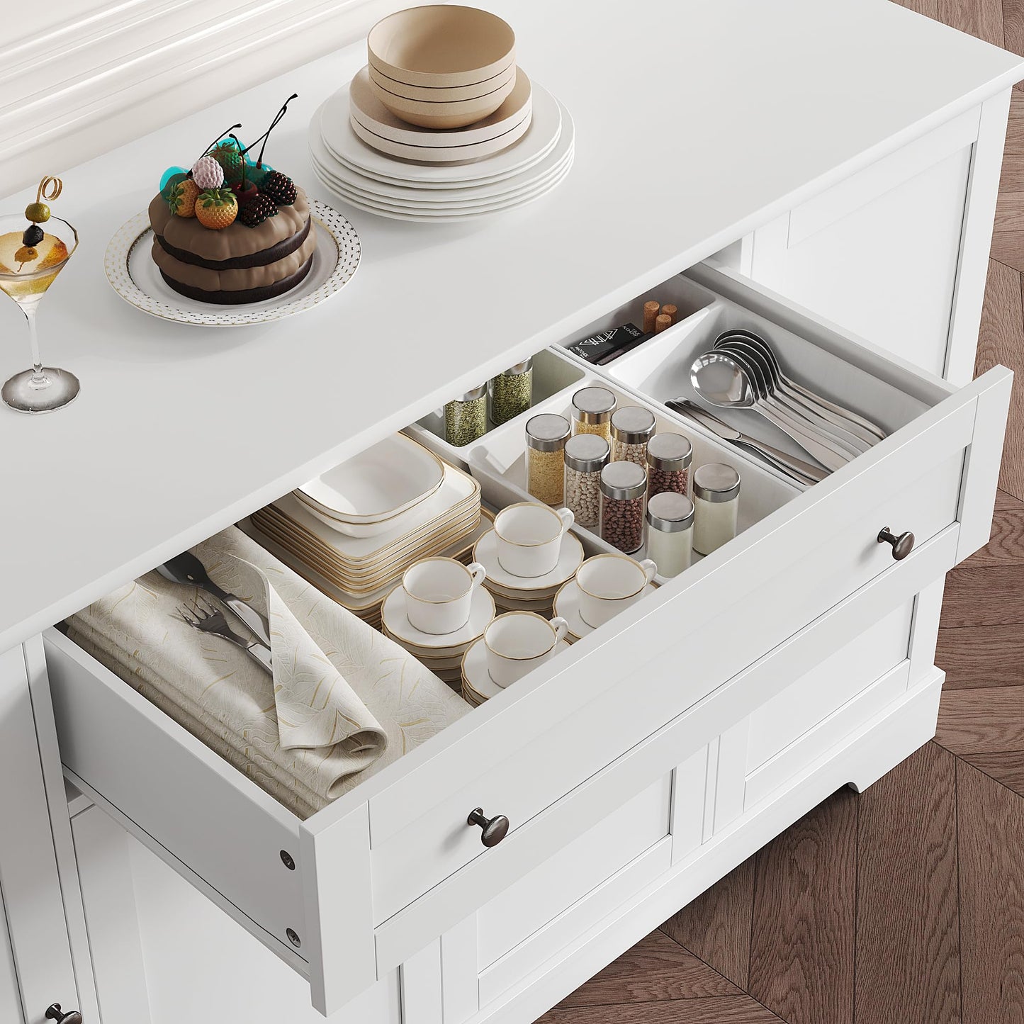 **HITHOS 54" Modern Buffet Cabinet with Storage, White Kitchen Sideboard with Drawer, Wood Coffee Bar Station with Adjustable Shelves for Living Room**