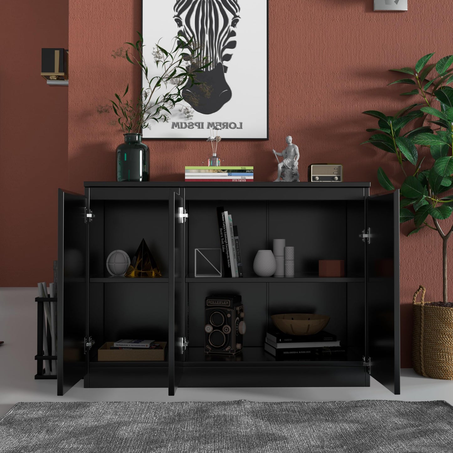 43" Black Buffet Storage Cabinet with 3 Doors, Coffee Bar Sideboard for Kitchen or Living Room, 43.3" W x 31.5" H