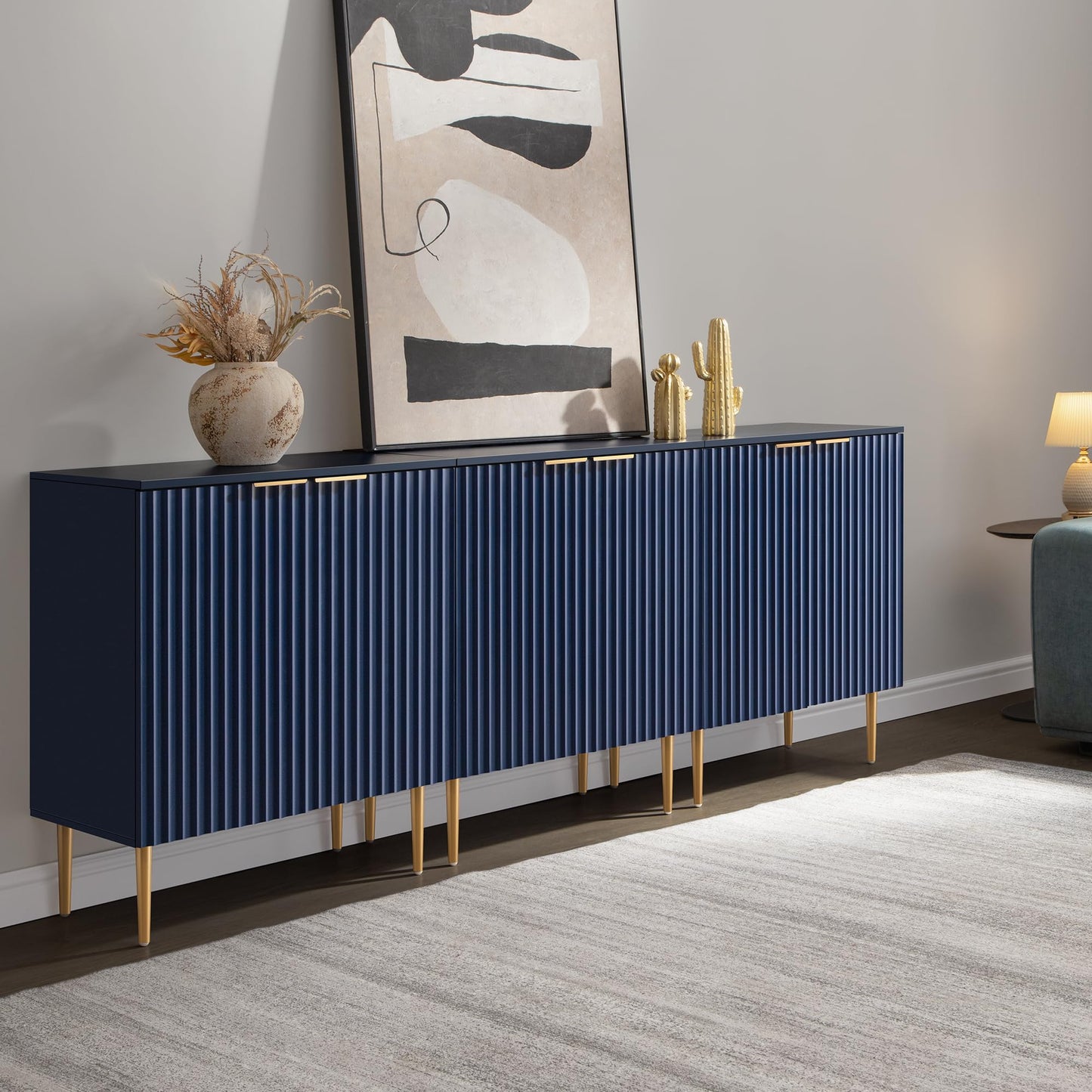 57" Modern Sideboard Buffet Cabinet with 4 Doors and Adjustable Shelf, Space-Saving Storage Console for Entryway, Kitchen, or Living Room, Navy Blue