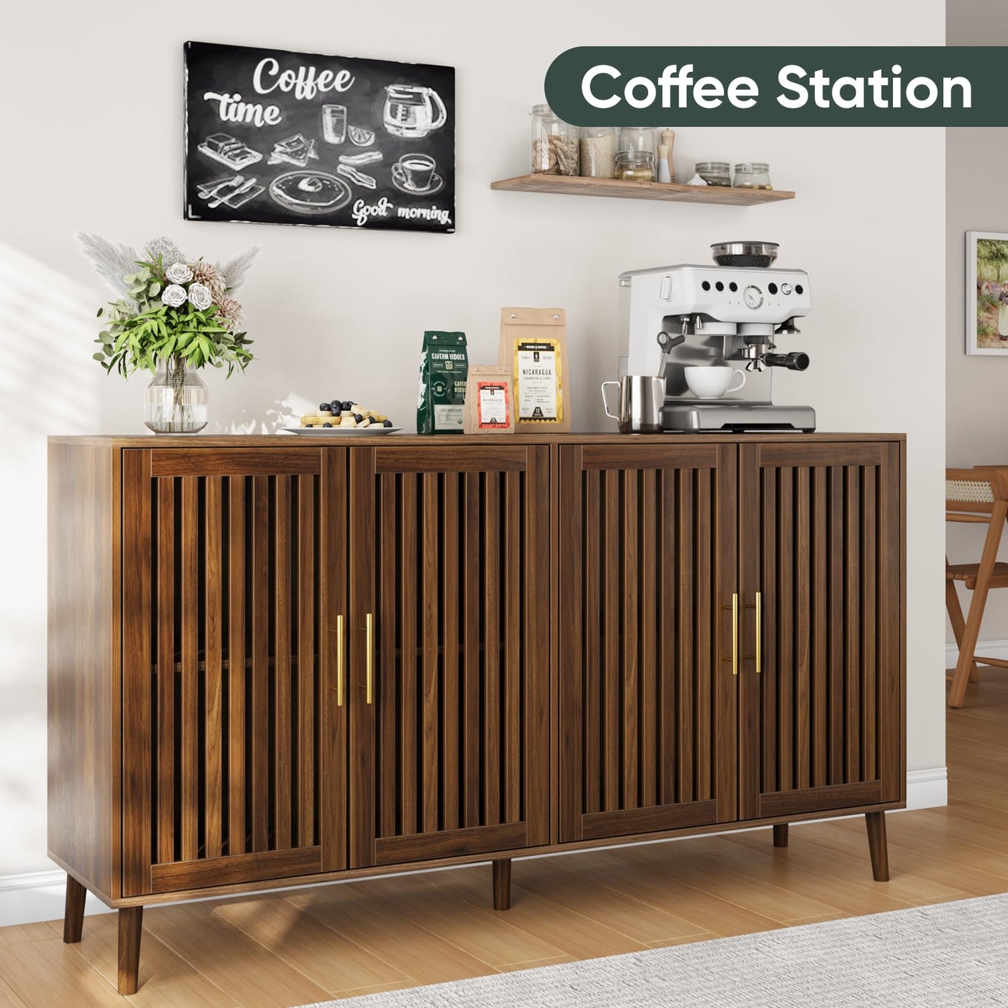 63" Sideboard Buffet with 4 Louvered Doors and Gold Handles, Farmhouse Coffee Bar Storage Cabinet for Entryway, Kitchen, Dining, or Living Room, Natural Oak